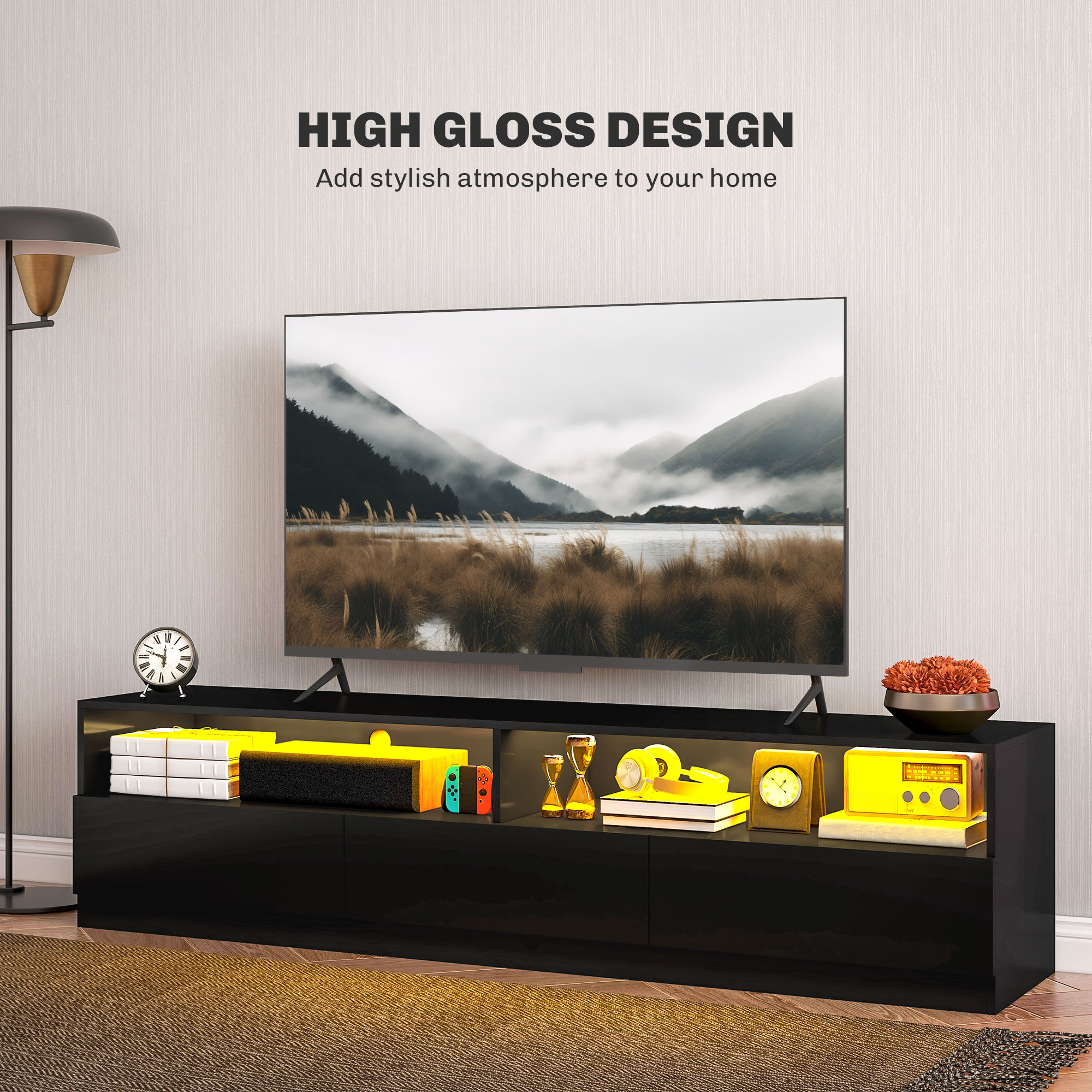 LED Lighted TV Stand for TVs up to 75", Modern TV Cabinet with Storage Drawers for Living Room, High Gloss Black - Image 3