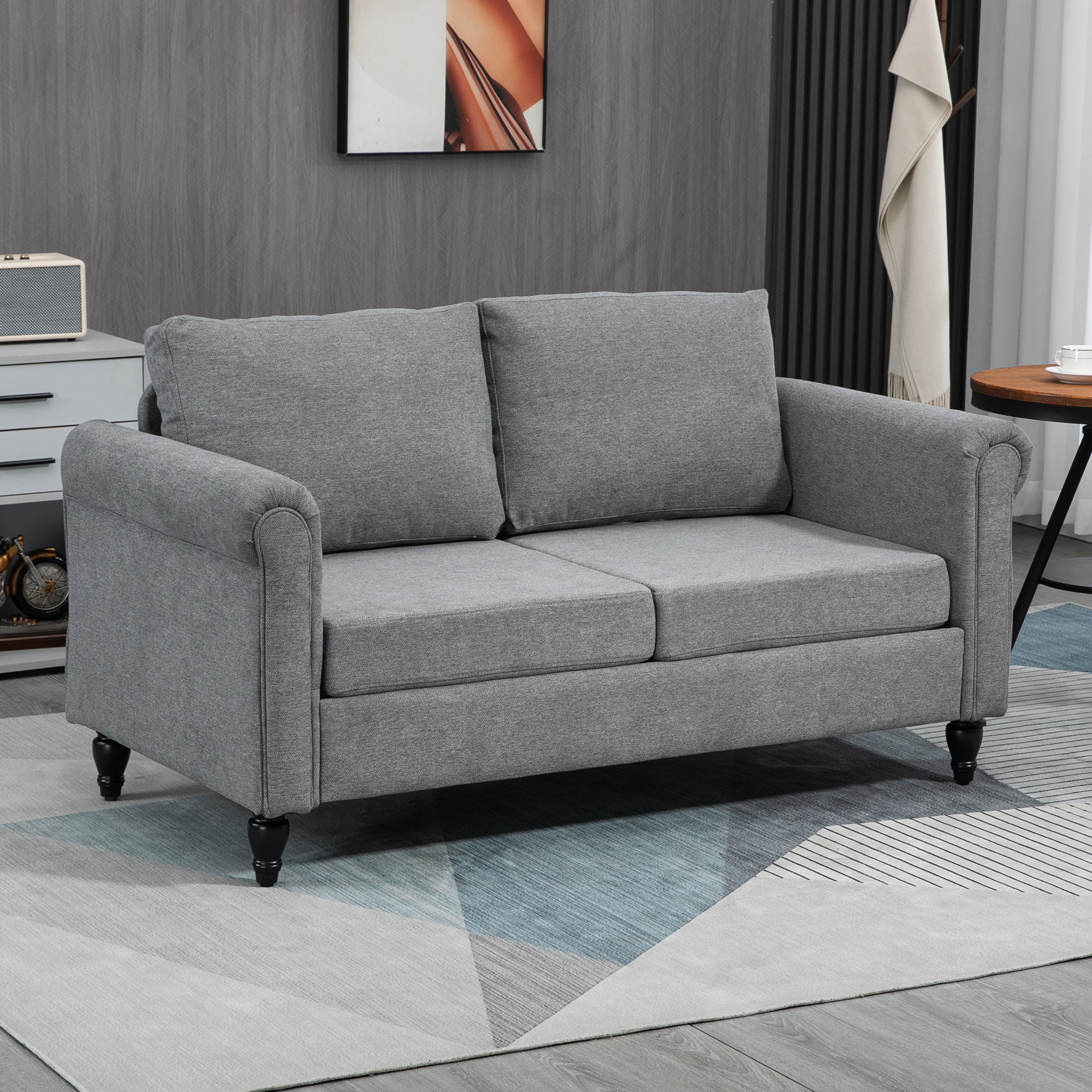 Vintage Loveseat, Upholstered Love Seat Furniture, Chenille-feel Fabric 2 Seater Sofa Couch with Rolled Arms, Gourd-Shaped Rubber Wood Legs for Living Room, Light Grey - Image 6