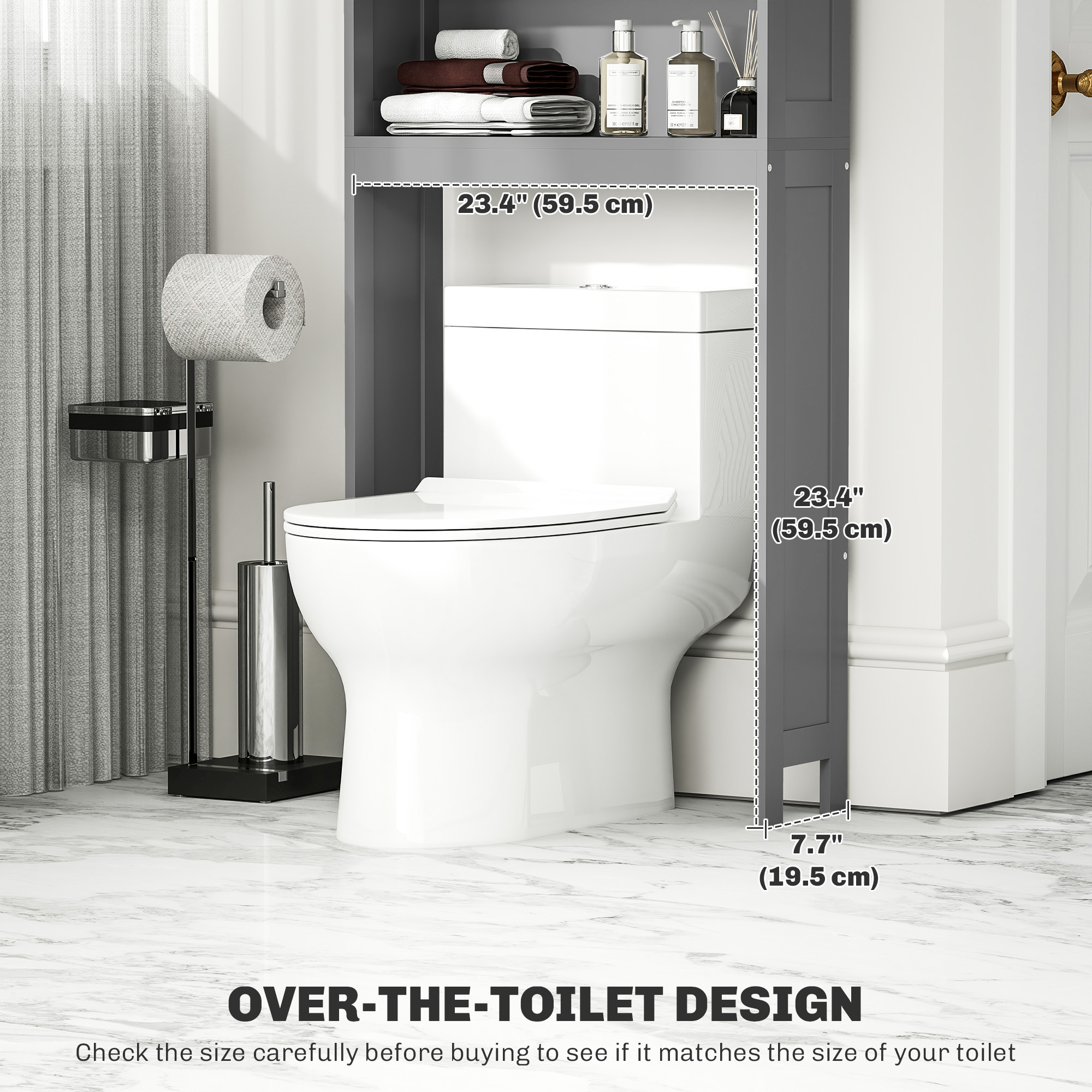Modern Over The Toilet Storage, Bathroom Cabinets Over Toilet with Open Shelves and Double Door Cabinet, Grey - Image 3
