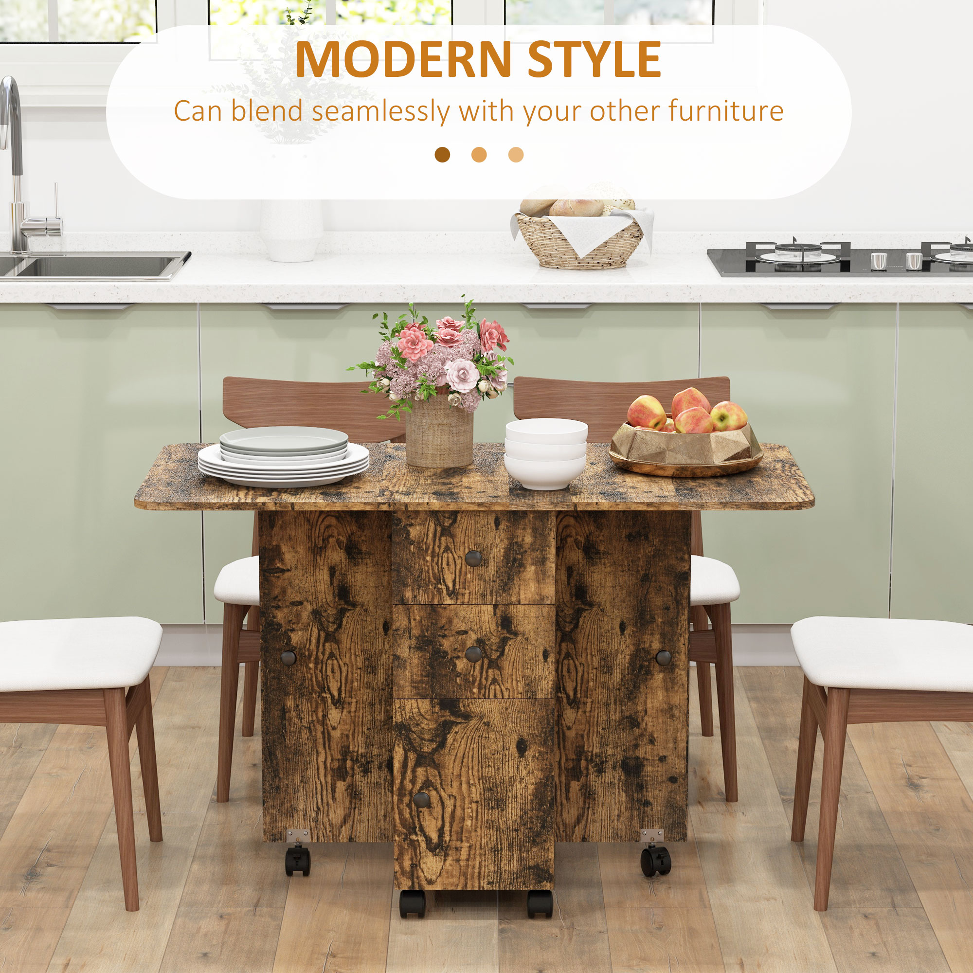 Drop Leaf Dining Table, Mobile Folding Table on Wheels with Drawers and Cabinet for Dining Room, Kitchen, Rustic Brown - Image 2