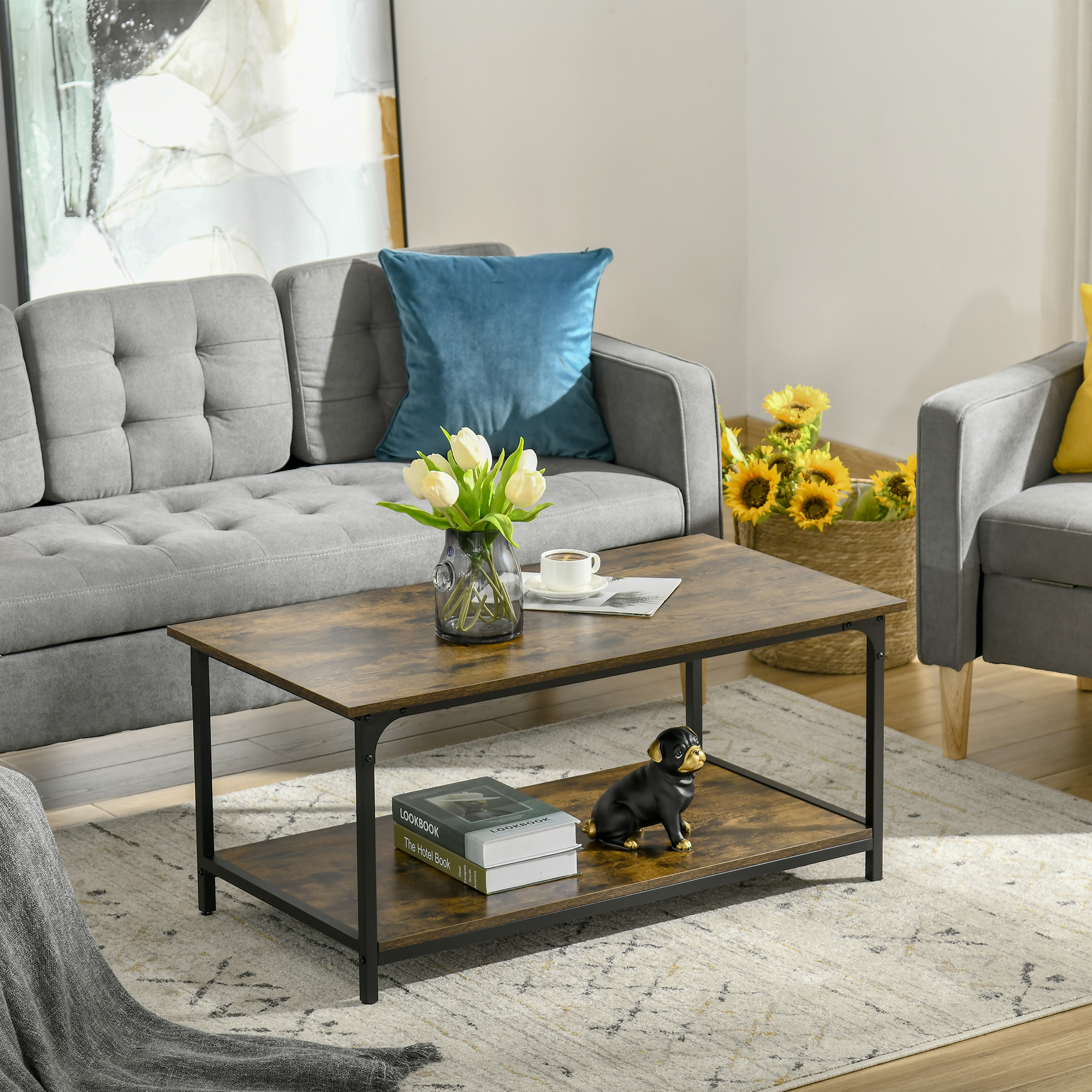 Industrial Coffee Table with Storage Shelf, 2-tier Center Table for Living Room, Rustic Brown - Image 5