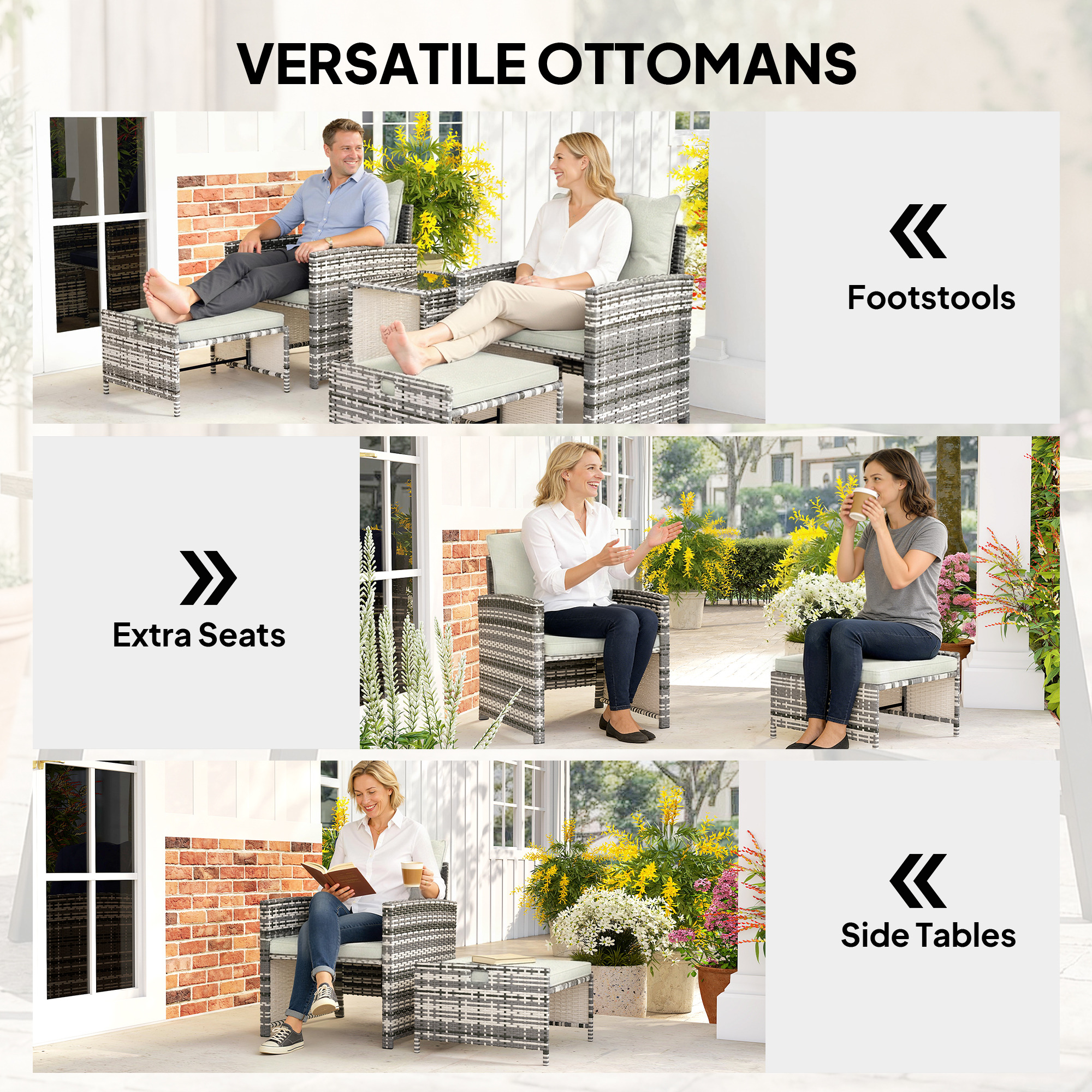 5 Piece Patio Furniture Set, Wicker Patio Chairs with Ottomans, 2-Tier Glass Coffee Table and Cushions, Grey/Cream White - Image 3