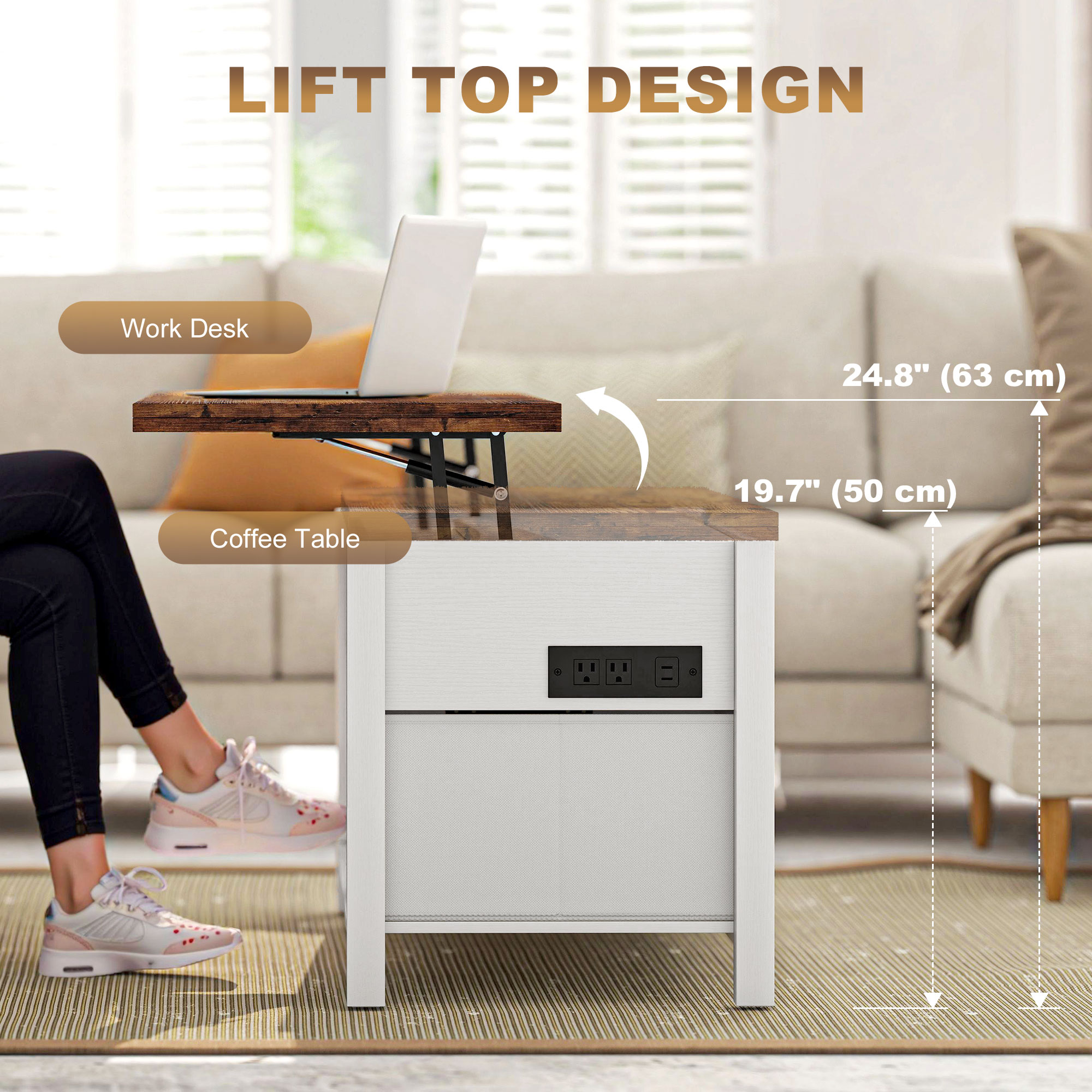 Lift Top Coffee Table, Center Table with 3 Hidden Compartments, 2 Fabric Drawers, Expandable Top and Charging Station - Image 2
