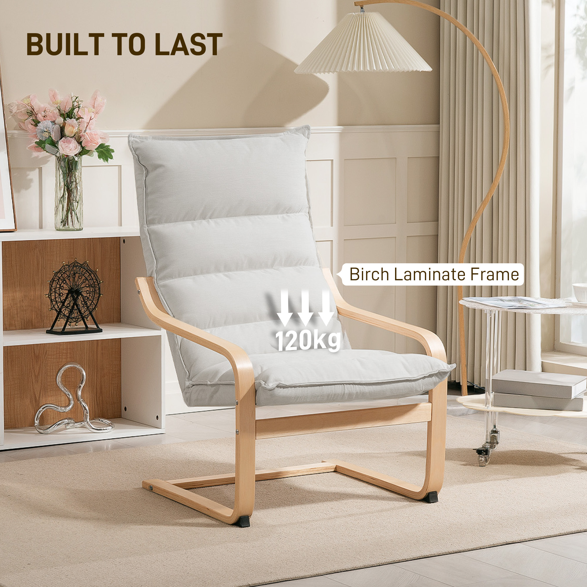 Birch Wood Fabric Modern Armchair, Accent Chair with Curved Leg and Arm for Living Room, Cream White - Image 5