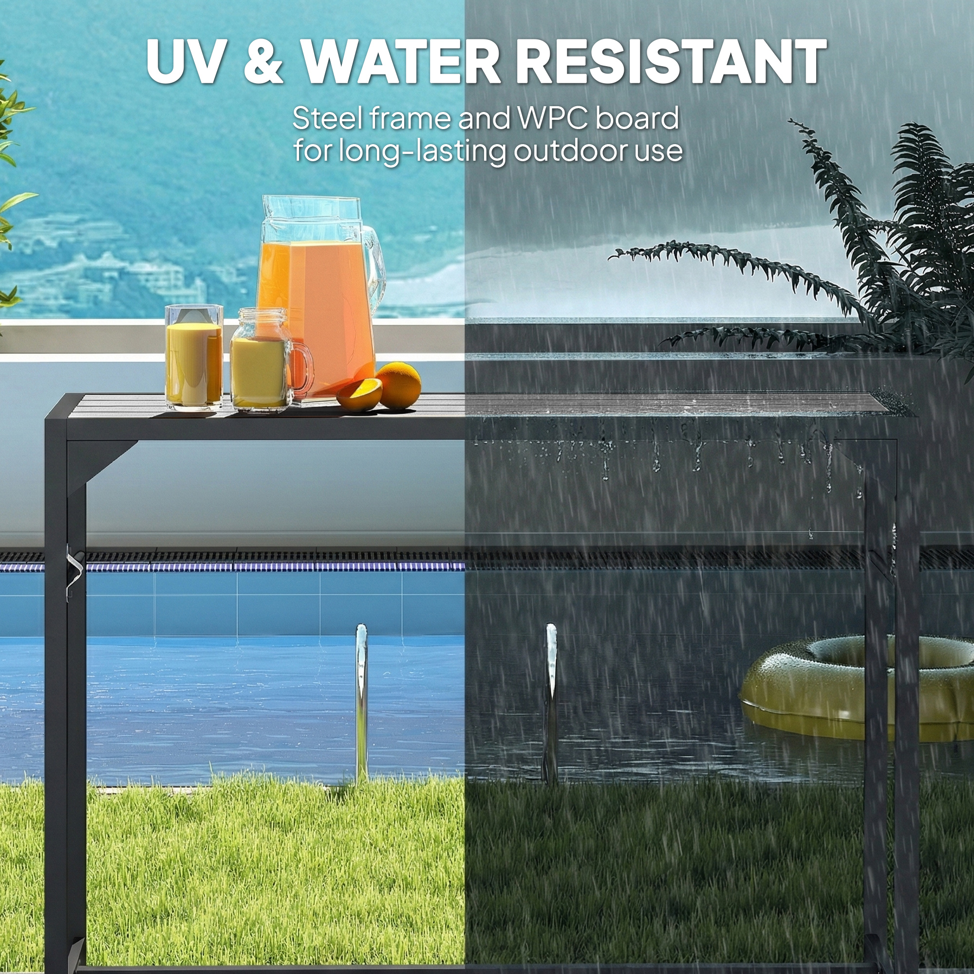 Bar Height Outdoor Table with Built-In Bottle Opener, Patio Bar Table with Wood Grain Plastic Top, 55" x 15" x 39" - Image 3
