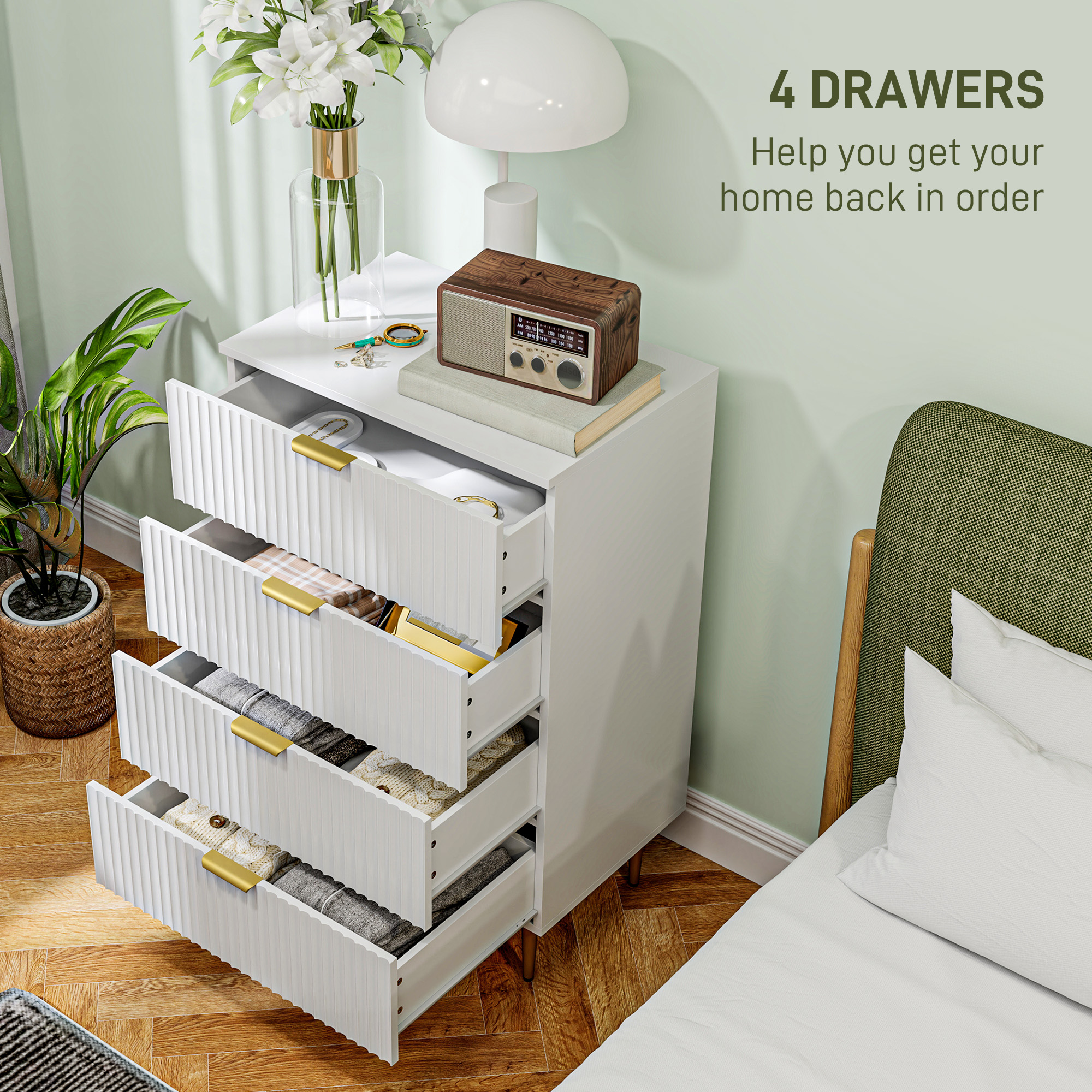 Modern Chest of Drawers 4 Drawer Dresser for Bedroom with Gold Legs and Handles, White - Image 2