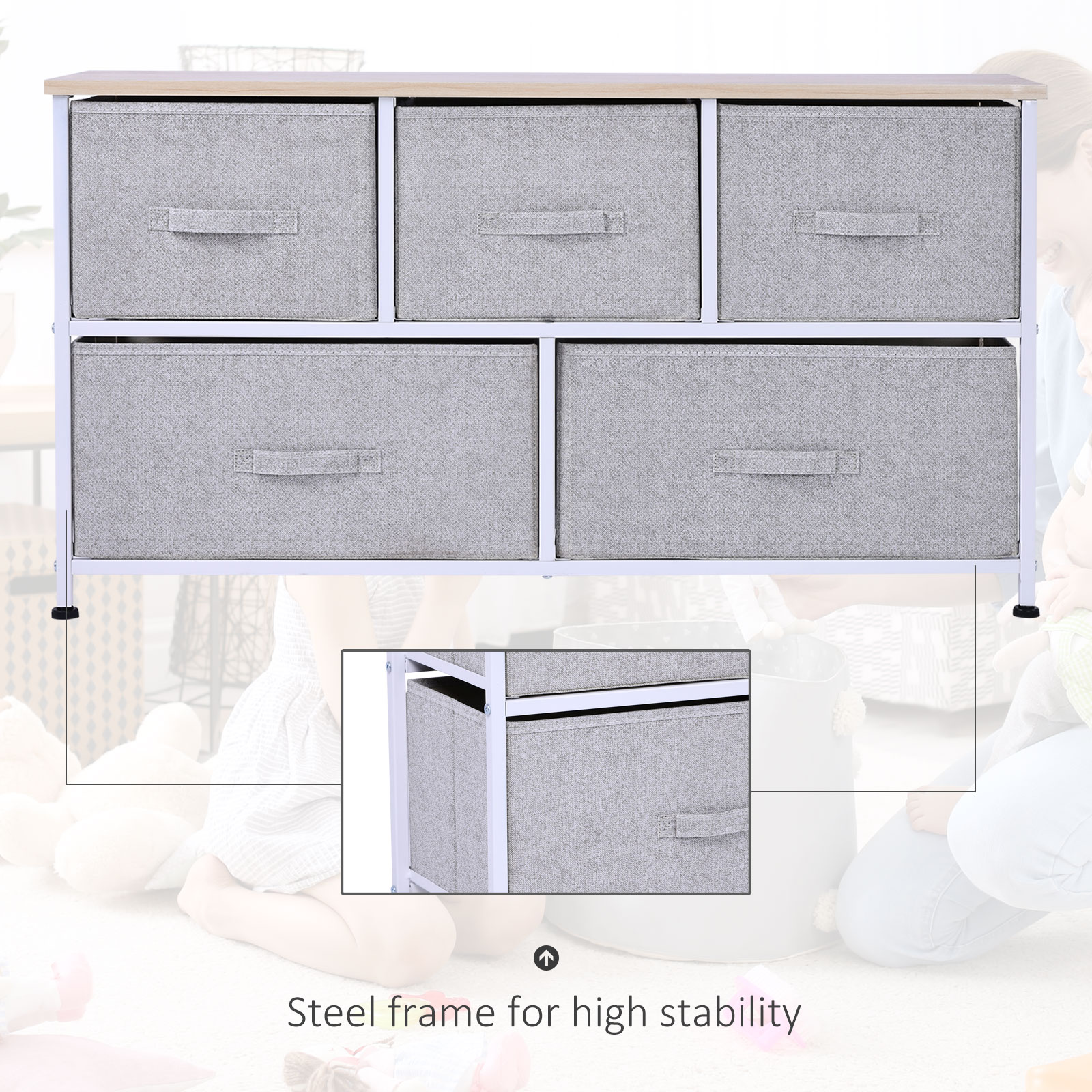 Linen Drawer Cabinet Organizer Storage Dresser Tower with 5 Removable Drawer Metal Frame Adjustable Feet for Living Room, Kitchen, Bathroom, Grey - Image 4