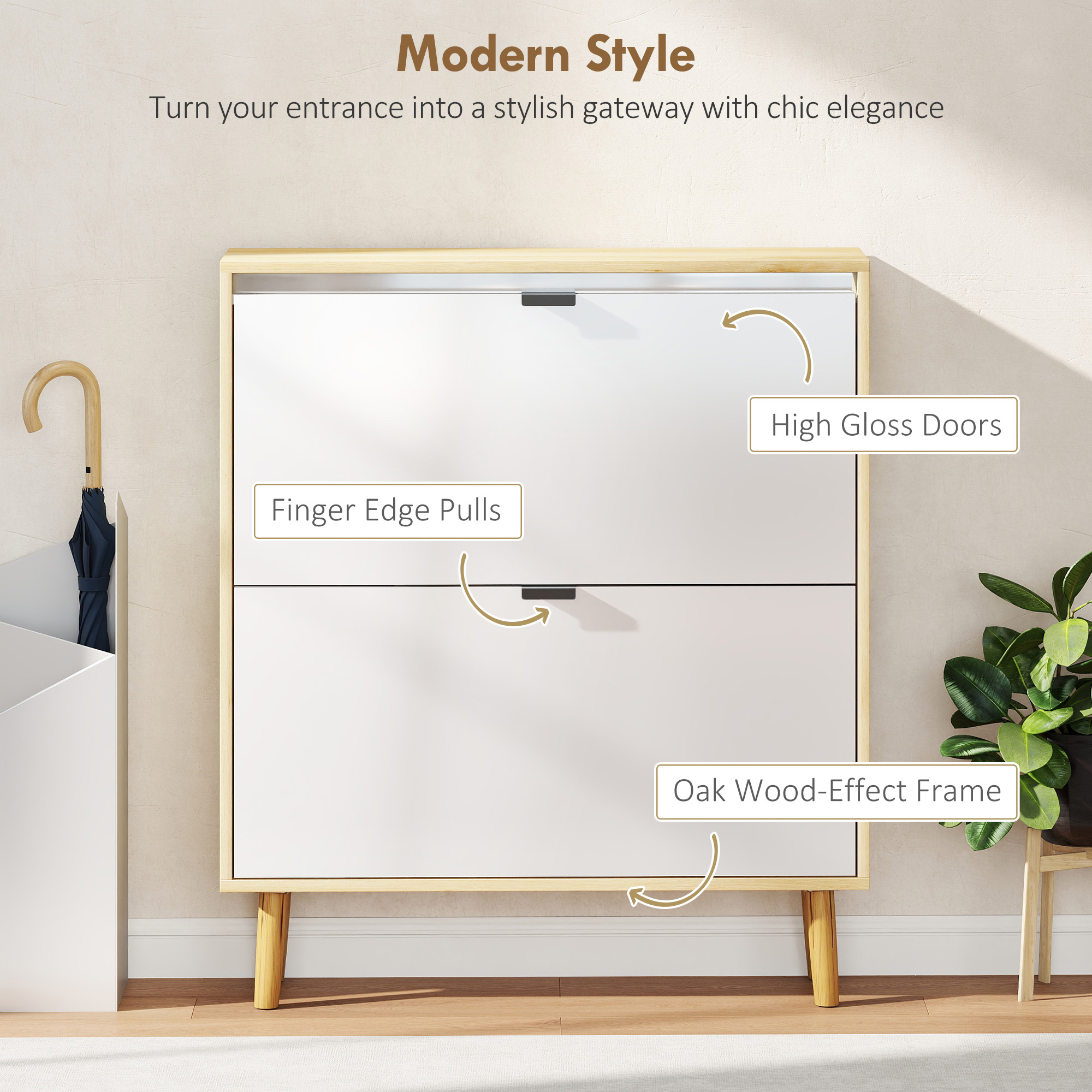 Narrow Shoe Cabinet, High Gloss Shoe Storage Cabinet with 2 Flip Drawers and Adjustable Shelves, Holds 16 Pairs, White - Image 2