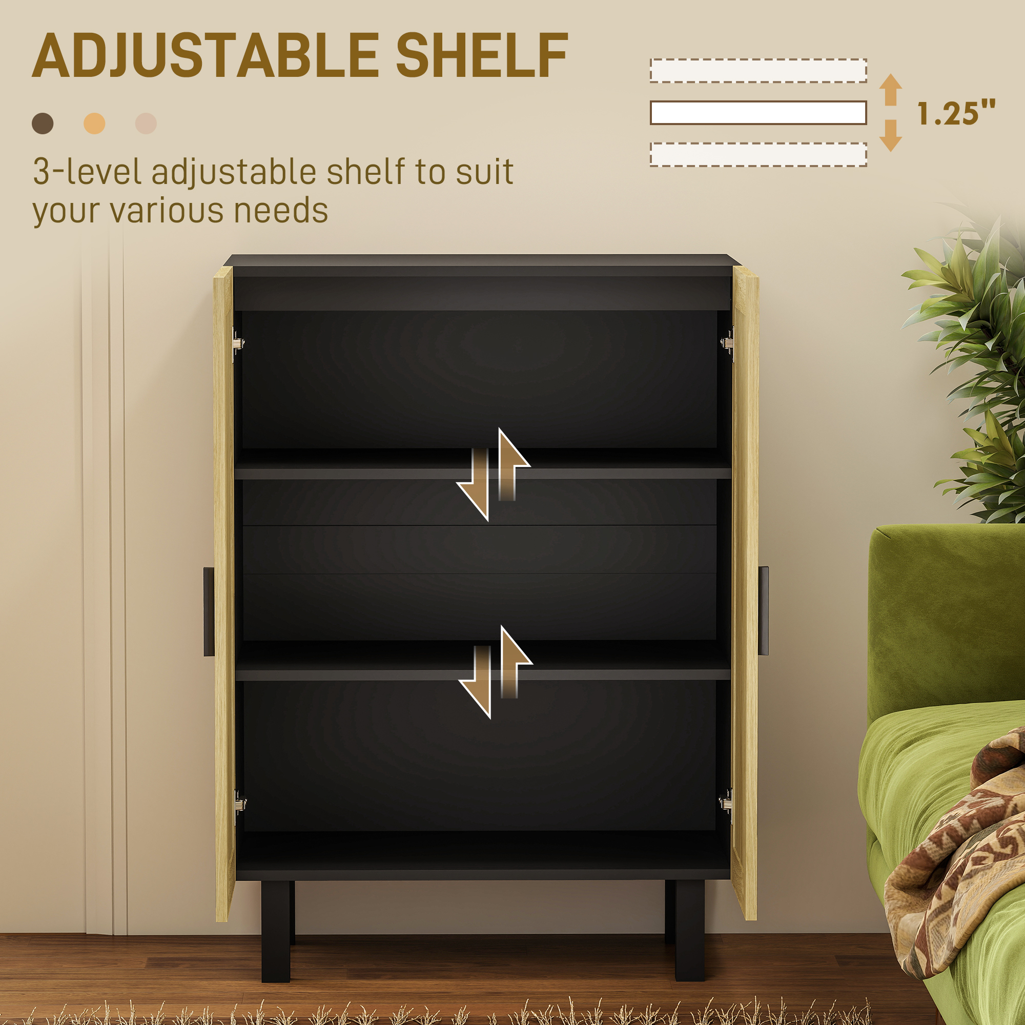 Boho Sideboard, Buffet Cabinet with Storage, Accent Cabinet with 2 Rattan Doors and Adjustable Shelves, Black - Image 3