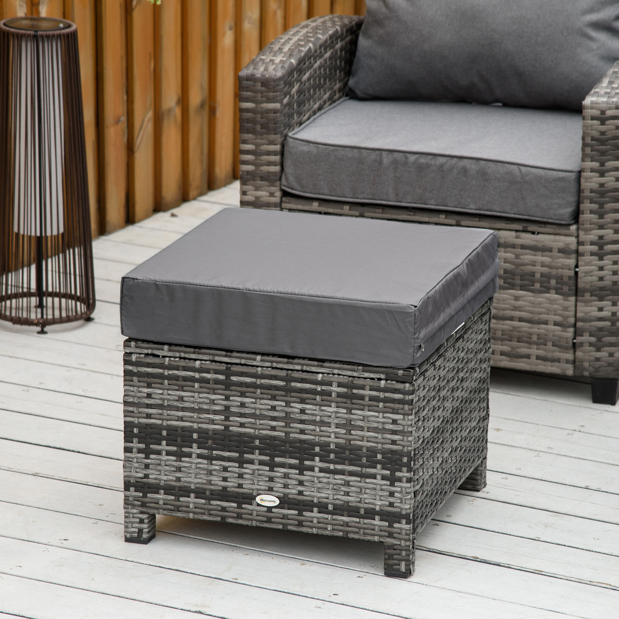 Patio Rattan Ottoman, Outdoor Wicker Footrest with Soft Cushion, Metal Frame for Backyard, Garden, and Poolside, Grey - Image 6