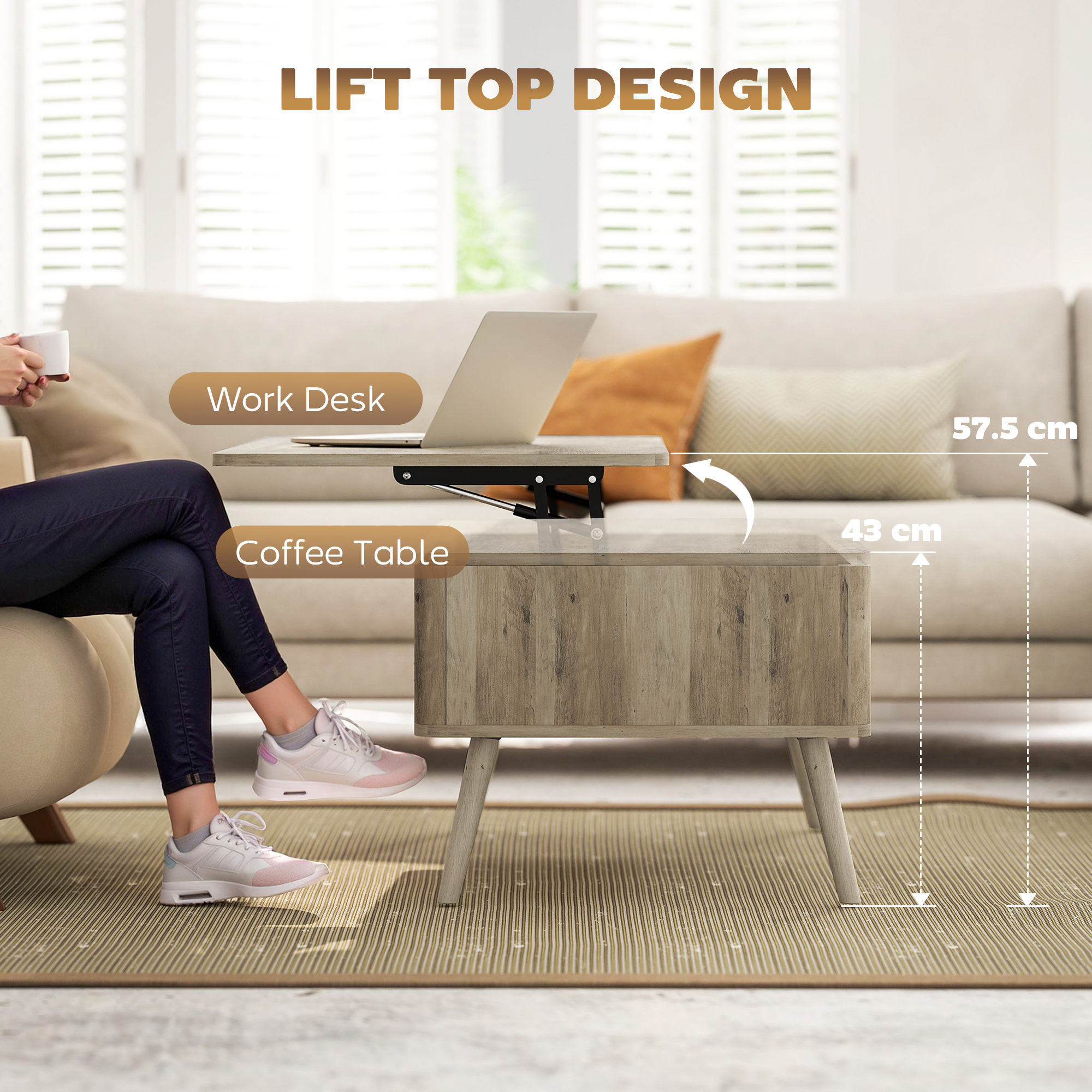 Lift Top Coffee Table with Storage, Center Table with Hidden Compartments and Pine Wood Legs for Living Room, Oak - Image 2