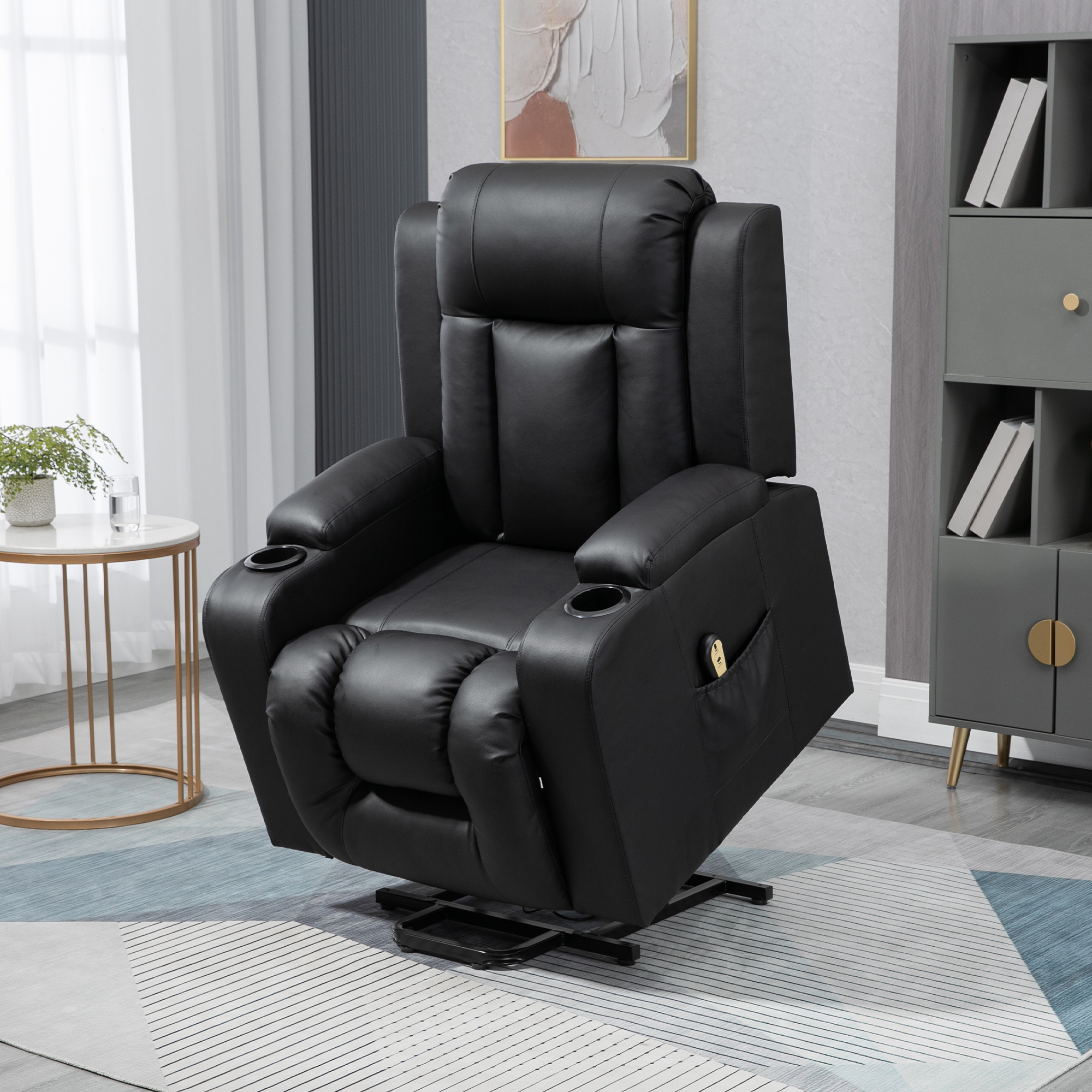 Power Lift Recliner Chair for Elderly, PU Leather Electric Recliner Chair with Footrest, Remote Control, Side Pockets and Cup Holders for Living Room, Black - Image 6