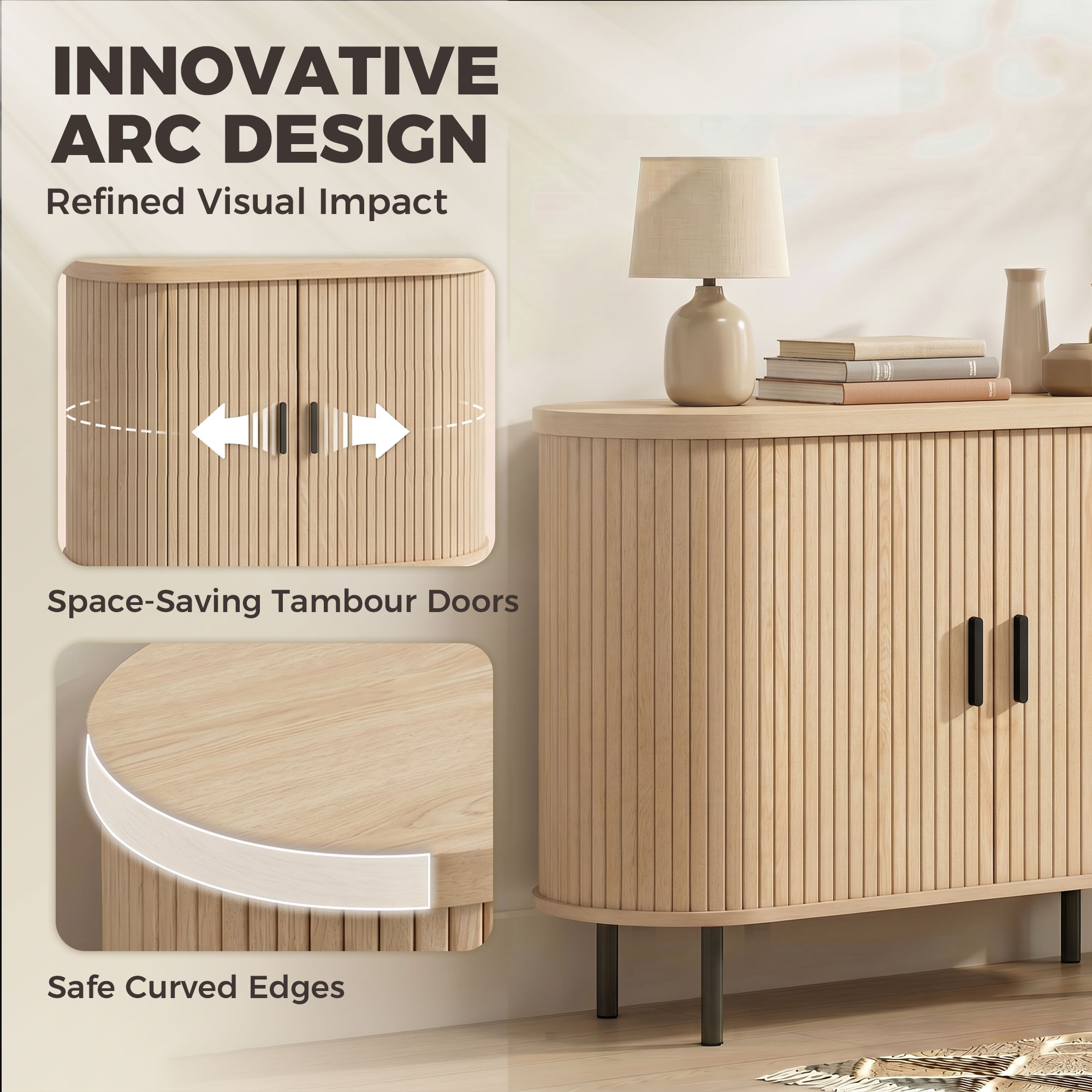 Sideboard Buffet Cabinet with Curved Tambour Doors and Storage, Natural Wood - Image 2