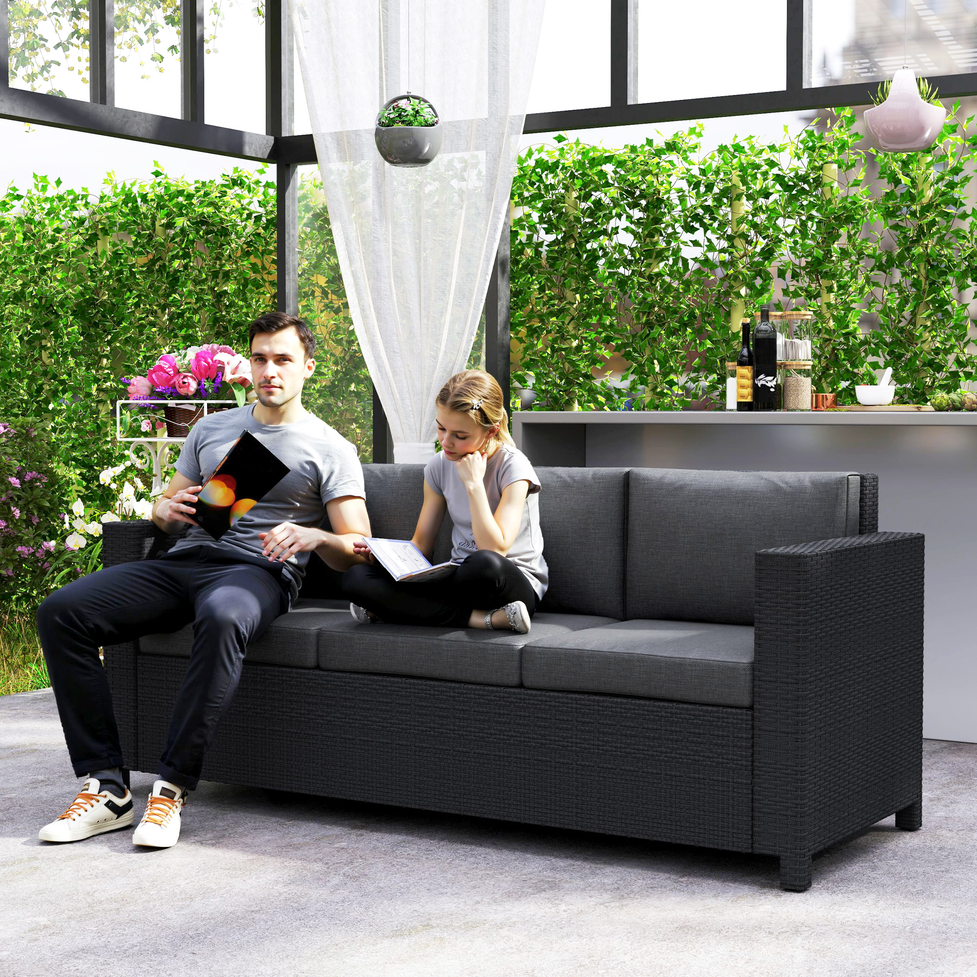 Deluxe 3 Seat Rattan Wicker Sofa Garden Outdoor Patio Furniture with Cushion, Grey - Image 5