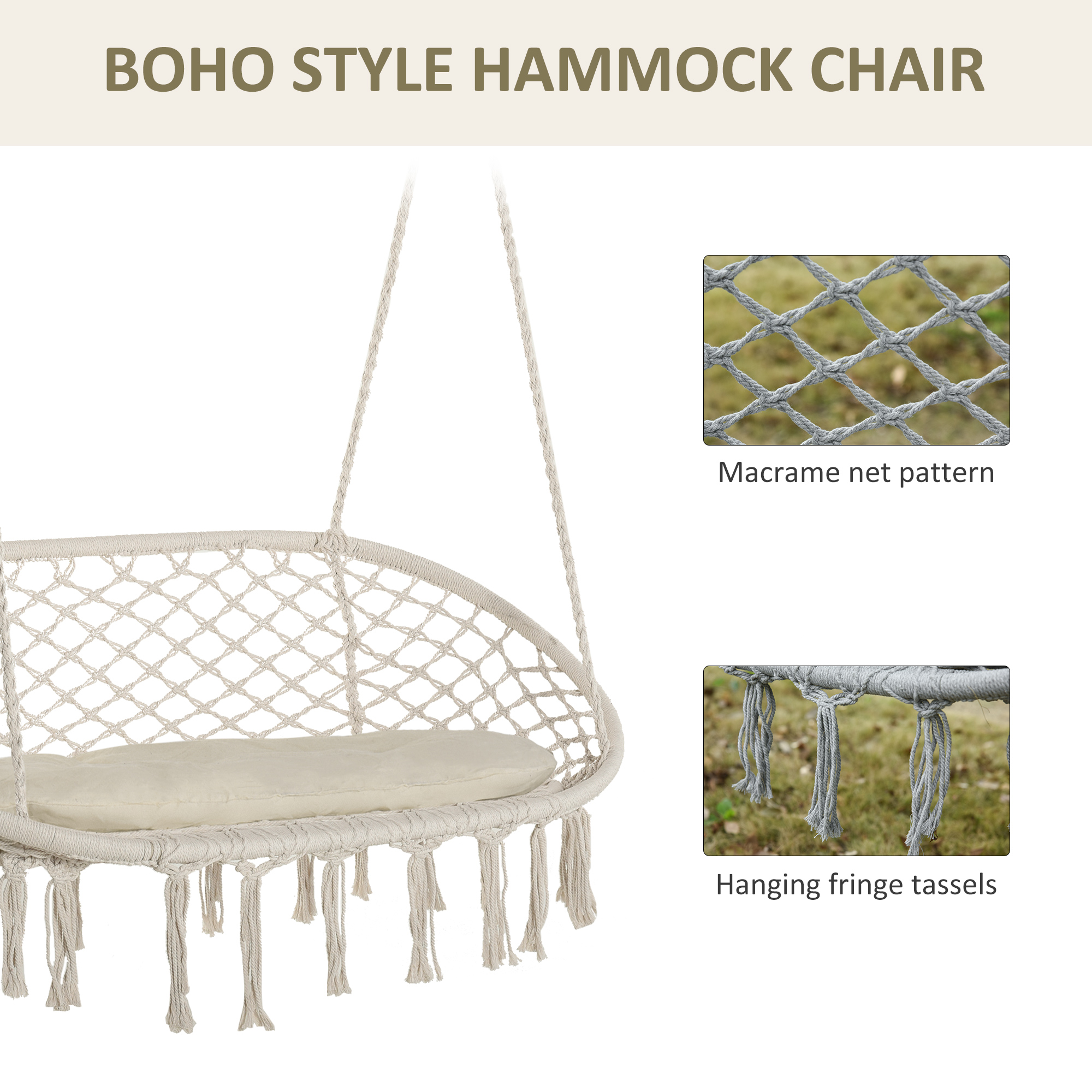 Patio Hammock Chair 2 Seat, Hanging Rope Hammock Swing Chair with Metal Frame and Cushion, Large Macrame Seat for Indoor and Outdoor 396 lbs Capacity, Cream White - Image 2