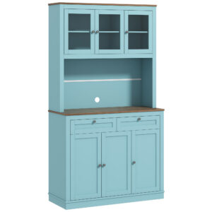 71" Pantry Cabinet with Microwave Space, Buffet with Hutch, 2 Drawers, Adjustable Shelves and Glass Doors, Blue