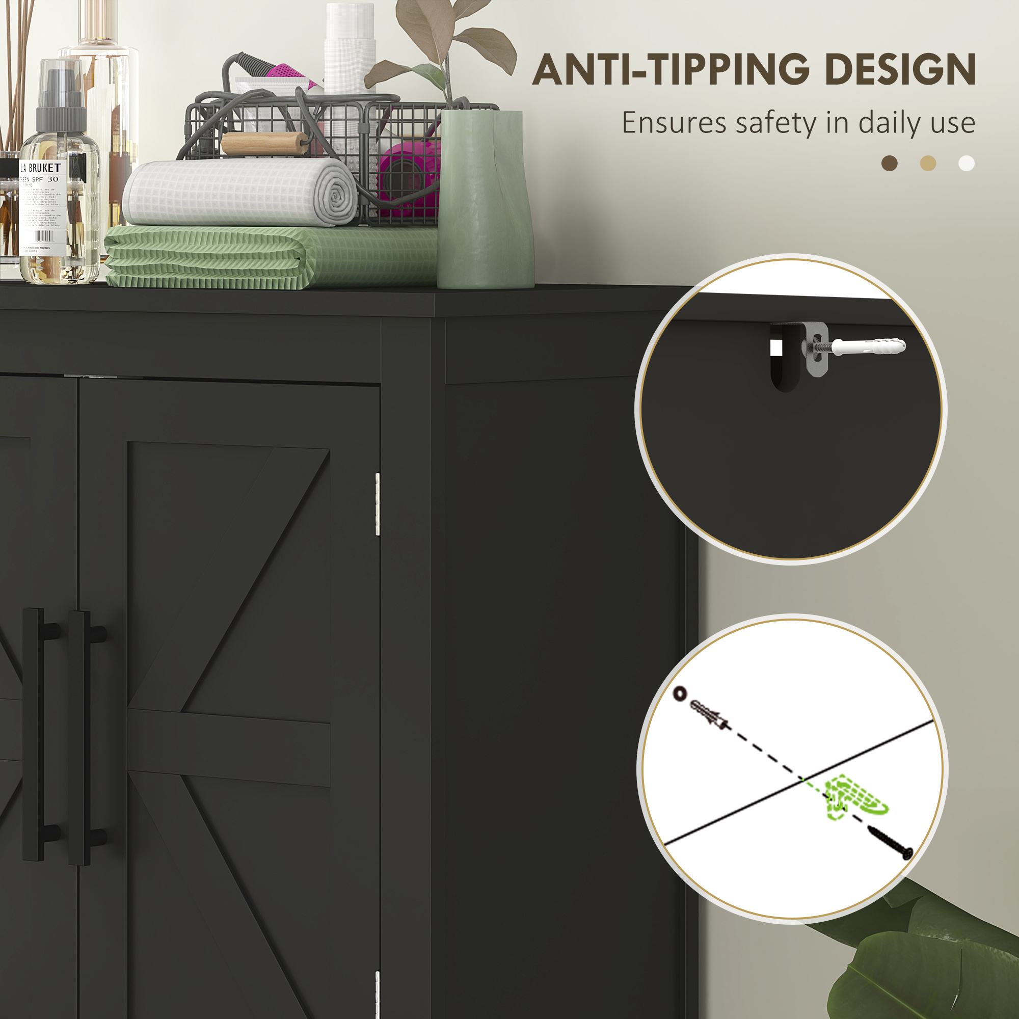 Farmhouse Bathroom Storage Cabinet, Bathroom Floor Cabinet with Barn Doors and Adjustable Shelf, Black - Image 5