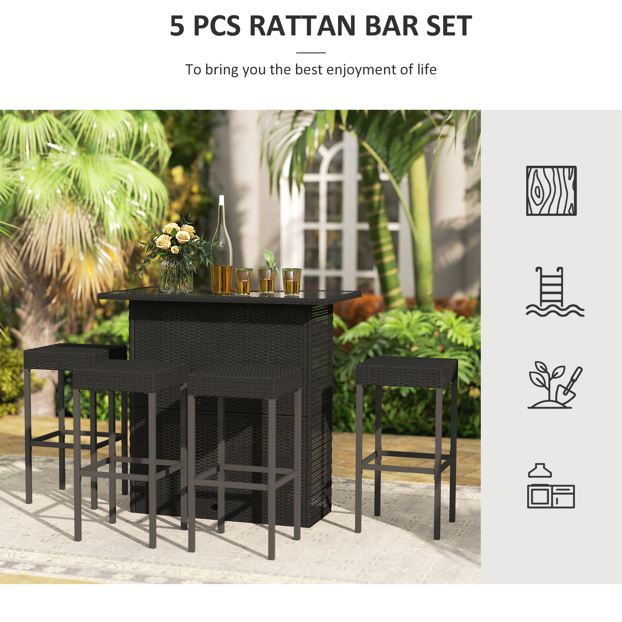 5 Pieces Patio Bar Set, Outdoor PE Rattan Wicker High Top Outdoor Table and Chairs Outdoor Bar Set with Tempered Glass Top Bar Table and Shelves, 4 Bar Chairs, Black - Image 4