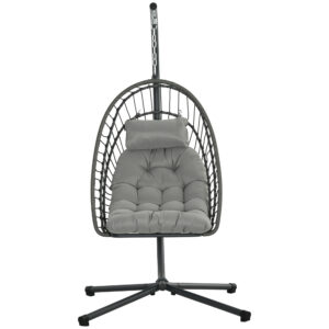 Hanging Egg Chair with Stand, Foldable Wicker Rattan Swing Chair with Thick Cushion, Light Grey