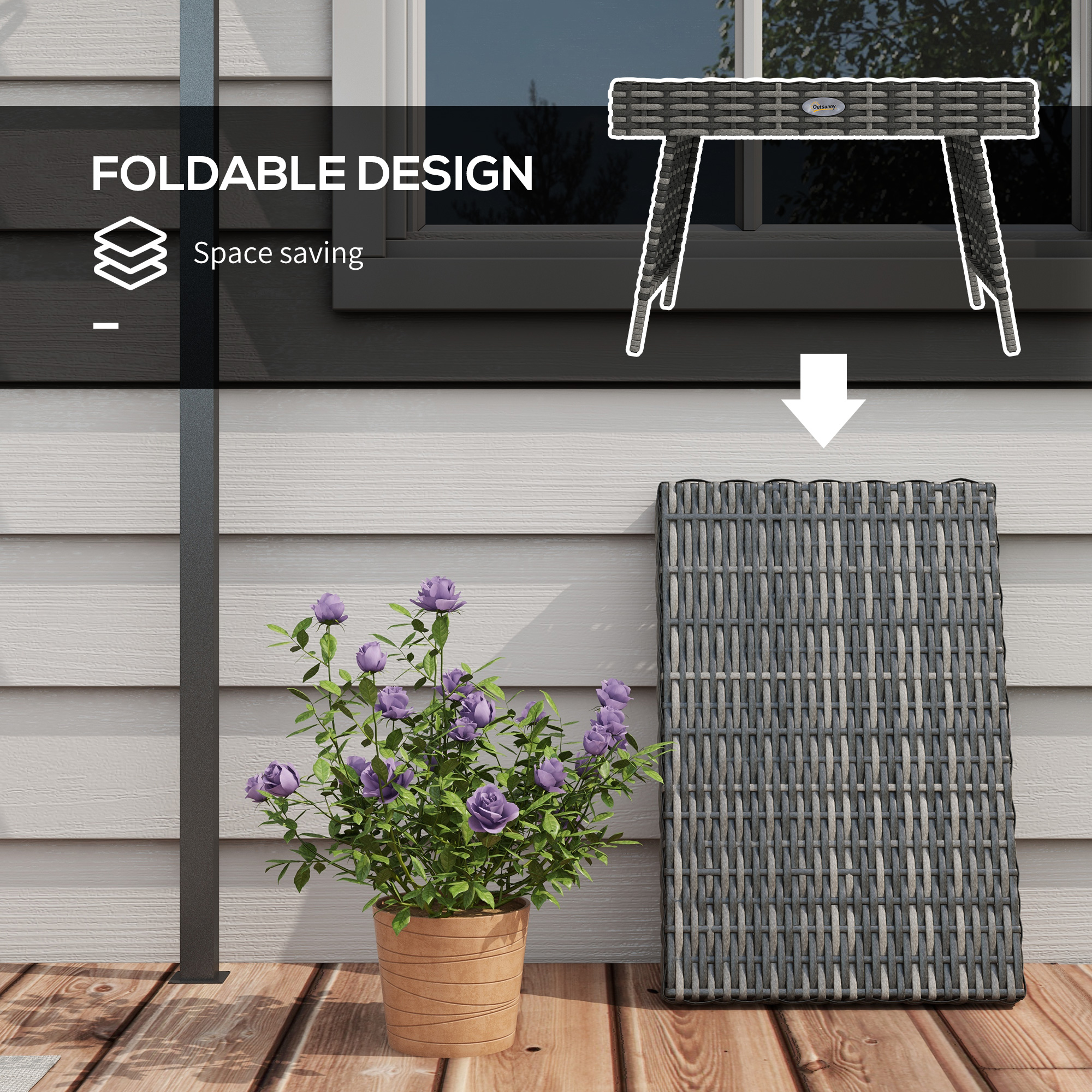 Outdoor Rattan Foldable End Table, Metal Frame Patio Wicker Table, Coffee Table Side Table for Poolside, Lawn, Garden, Mixed Grey - Image 4