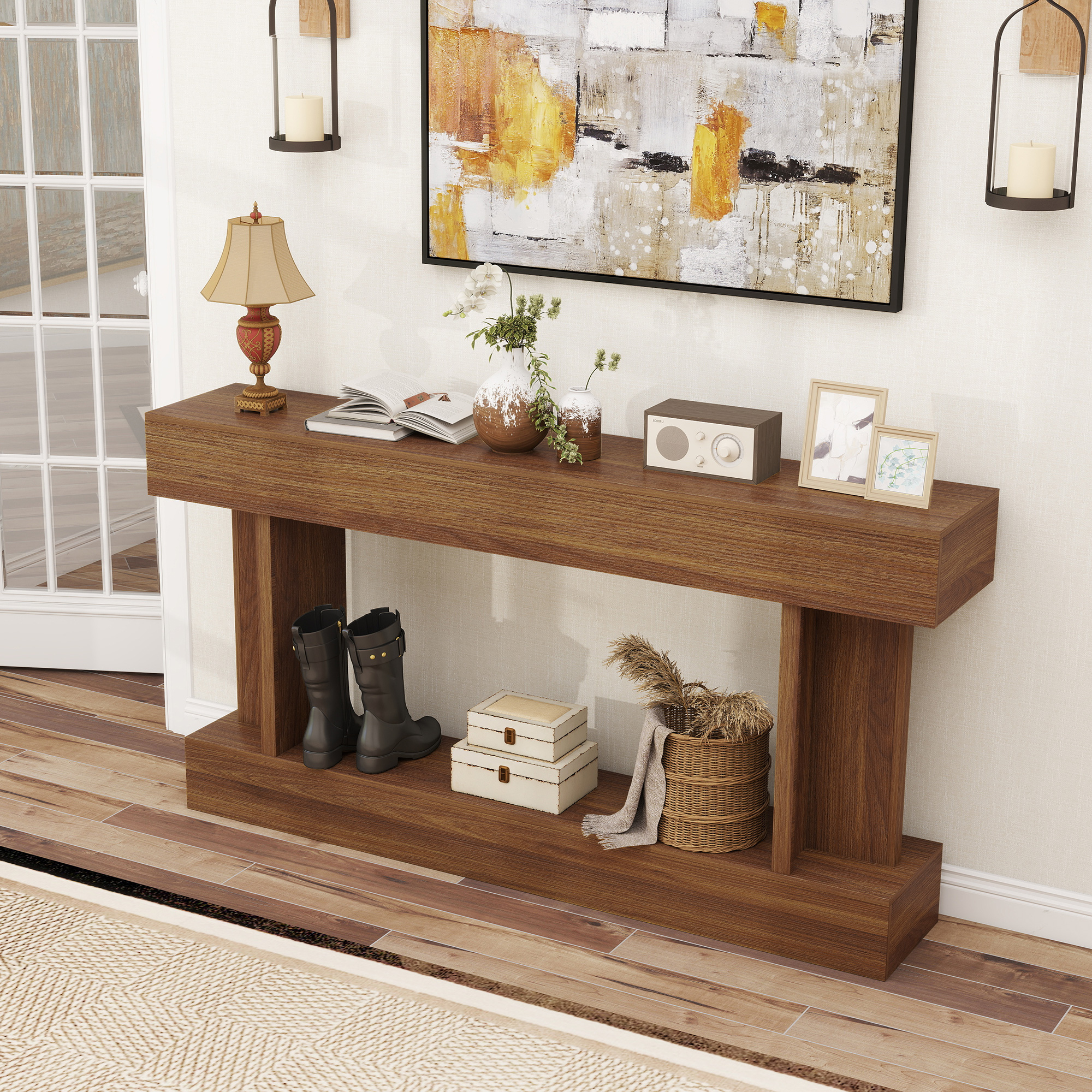63 Inch Long Console Table, Vintage Narrow Entryway Table with Storage Shelf for Living Room and Hallway, Dark Brown - Image 5