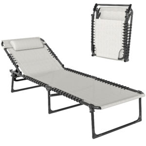 Outdoor Folding Lounge Chair, 4-Level Adjustable Chaise Lounge with Headrest, Tanning Chair Beach Bed, Reclining Lounger Cot for Camping, Hiking, Backyard, Cream