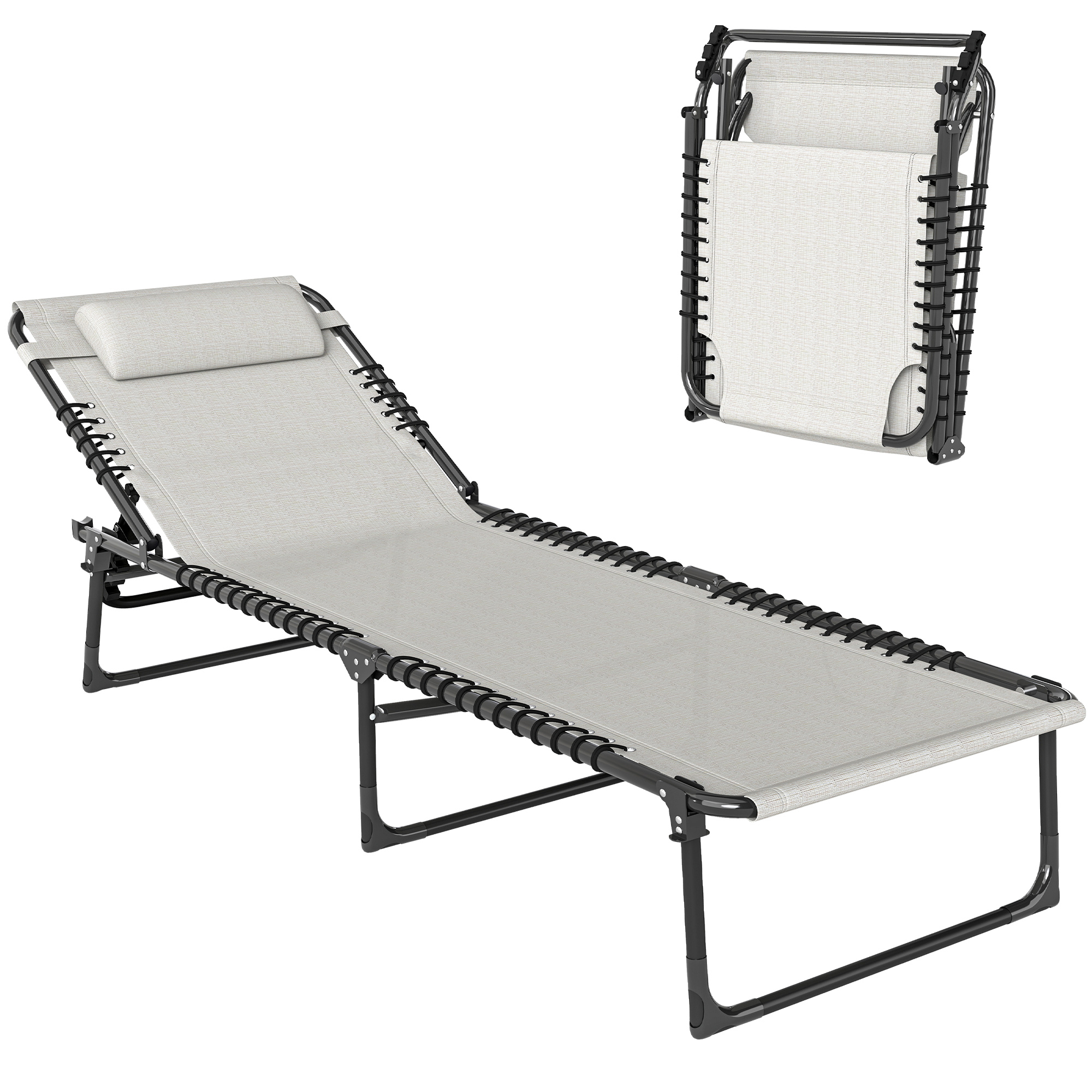 Outdoor Folding Lounge Chair, 4-Level Adjustable Chaise Lounge with Headrest, Tanning Chair Beach Bed, Reclining Lounger Cot for Camping, Hiking, Backyard, Cream