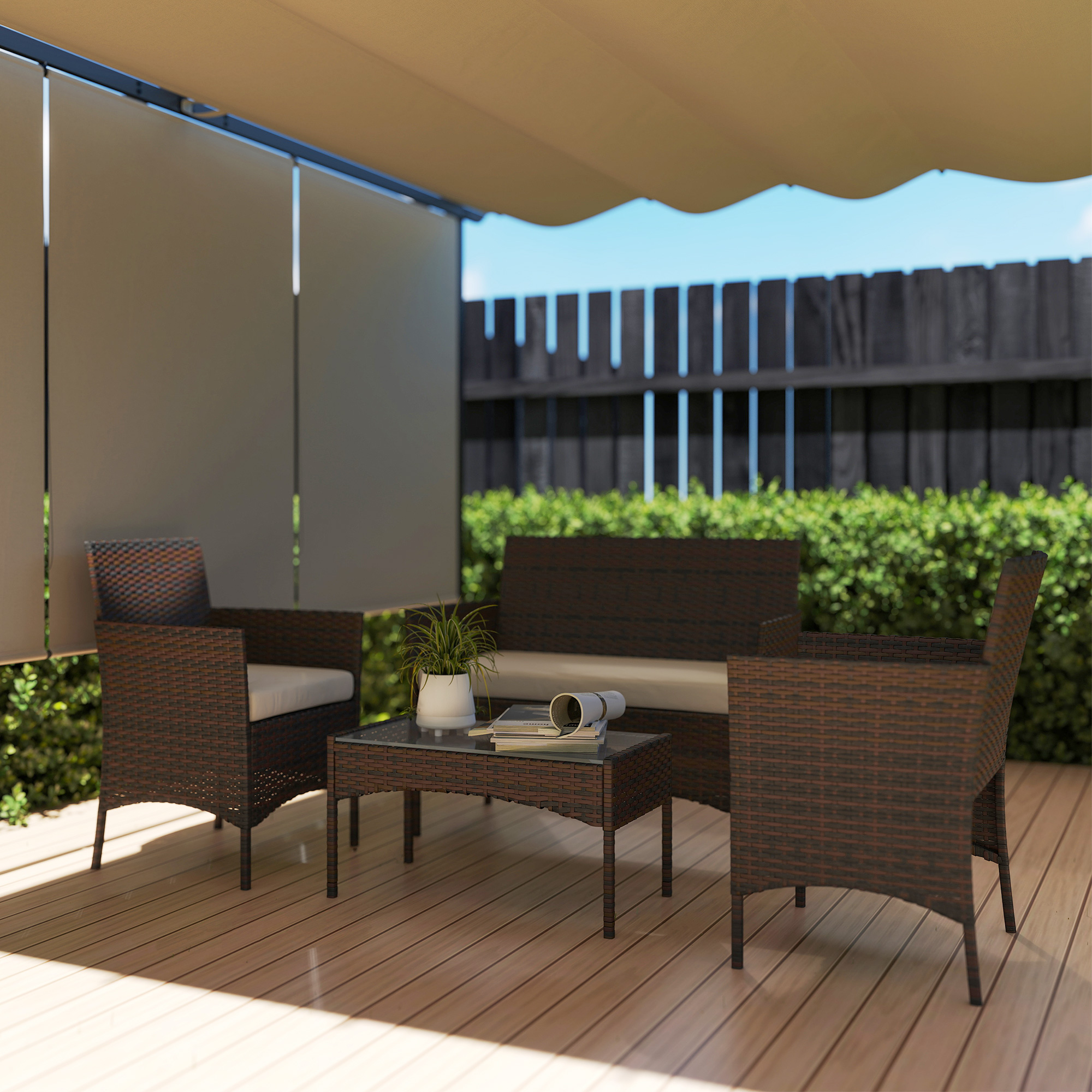 4 Pieces Wicker Outdoor Balcony Furniture Set Rattan Patio Furniture Set with Loveseat Chairs Glass Coffee Table Beige - Image 6