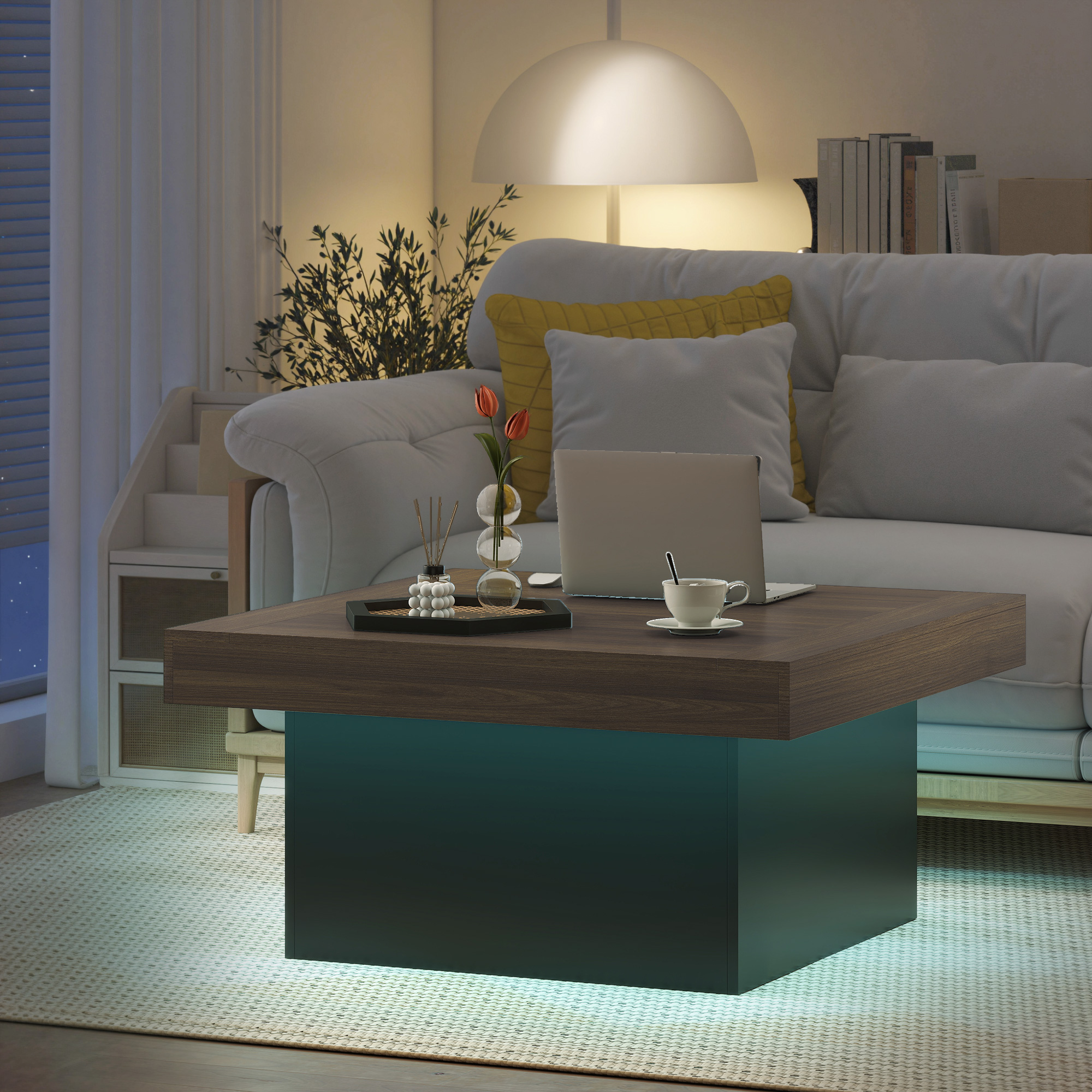 Square Coffee Table with 16-Colour LED Lights, 35-inch Modern Center Table for Living Room, Walnut - Image 5