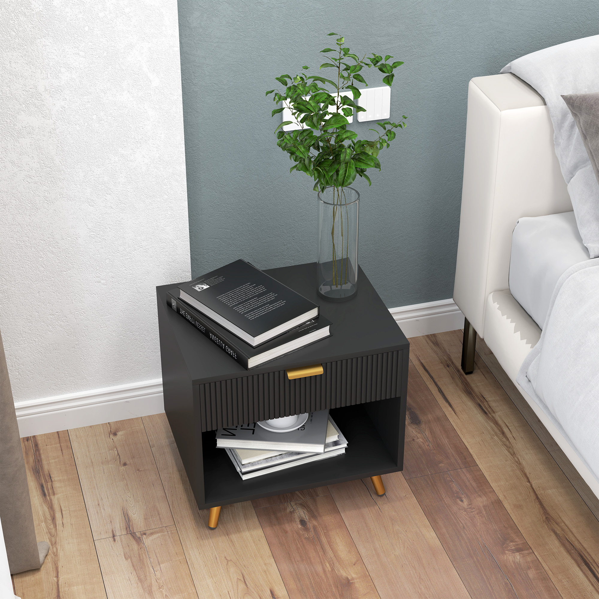 Nightstand with Fluted Panel, Bedside Table with Drawer and Open Compartment, Modern Night Table for Bedroom, Black - Image 6