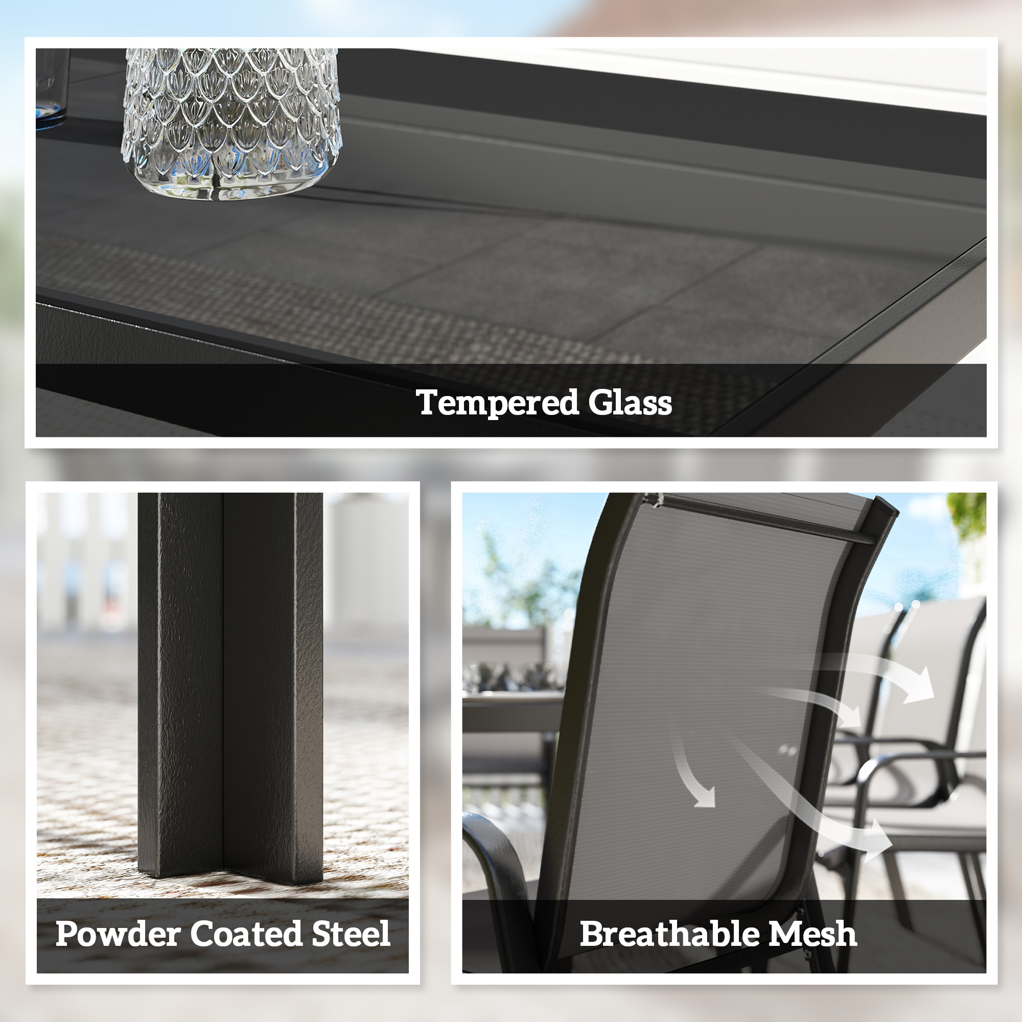 Outdoor Dining Sets for 8 with Stackable Chairs, Patio Dining Set with Glass Top Table for Garden, Patio, Backyard, Dark Grey - Image 3