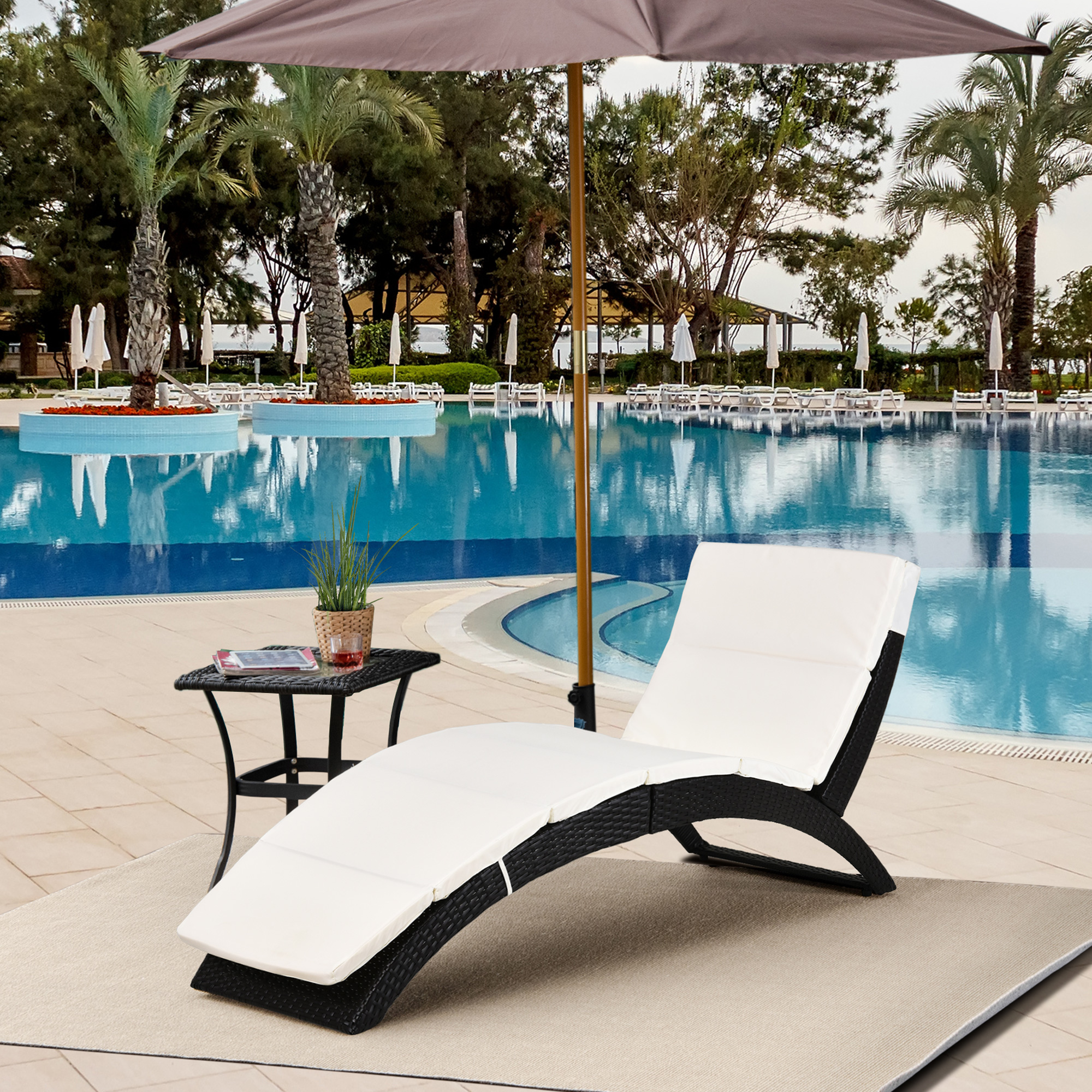 Patio Rattan Chaise lounger wicker Foldable Reclining Backrest PE Rattan Outdoor Lounge Chair, Recliner with Cushion for Garden, Backyard, Lawn,Balcony, Beige - Image 6