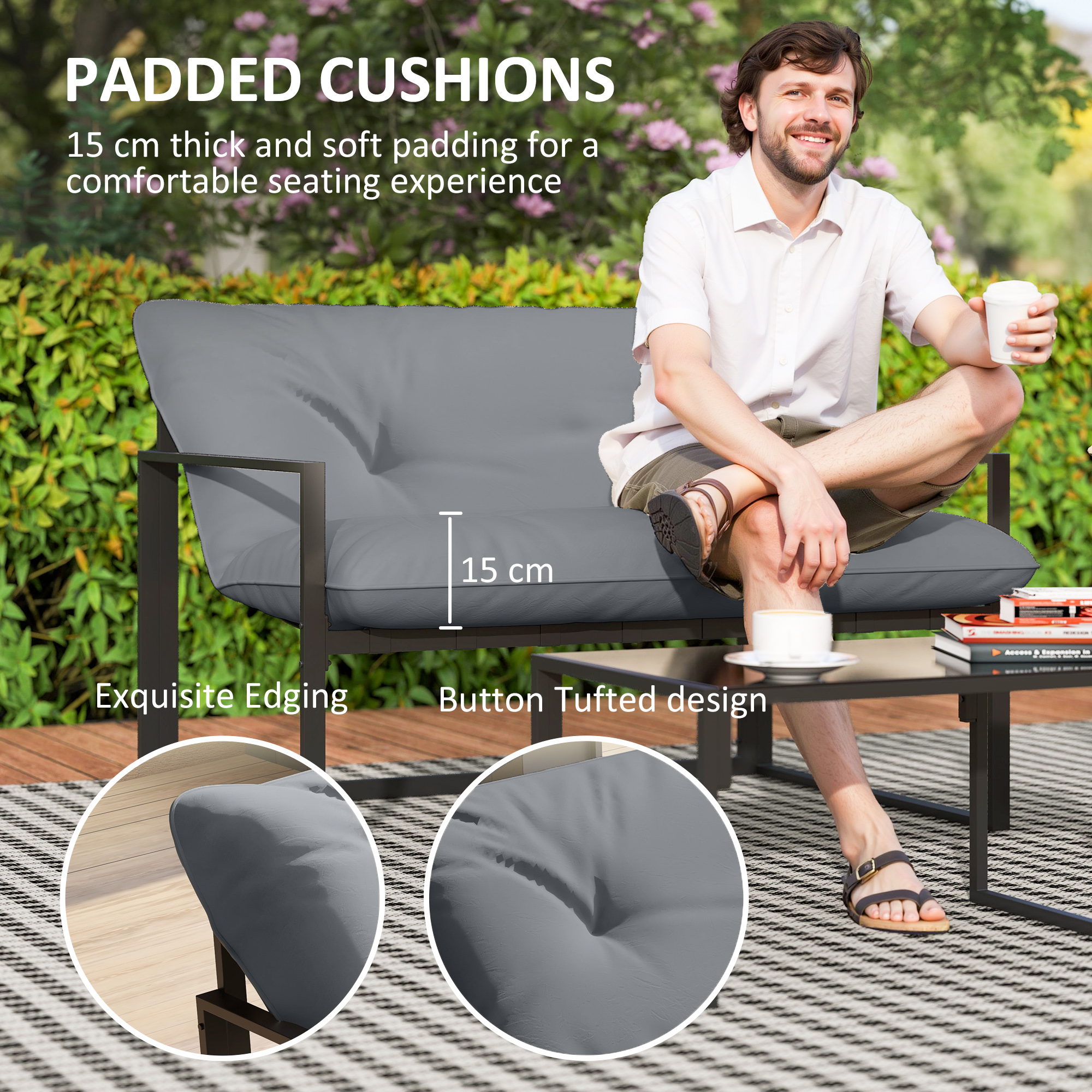 4 Piece Outdoor Furniture Set, Patio Conversation Set with Tempered Glass Table, Loveseat, 2 Chairs and Cushions, Grey - Image 2