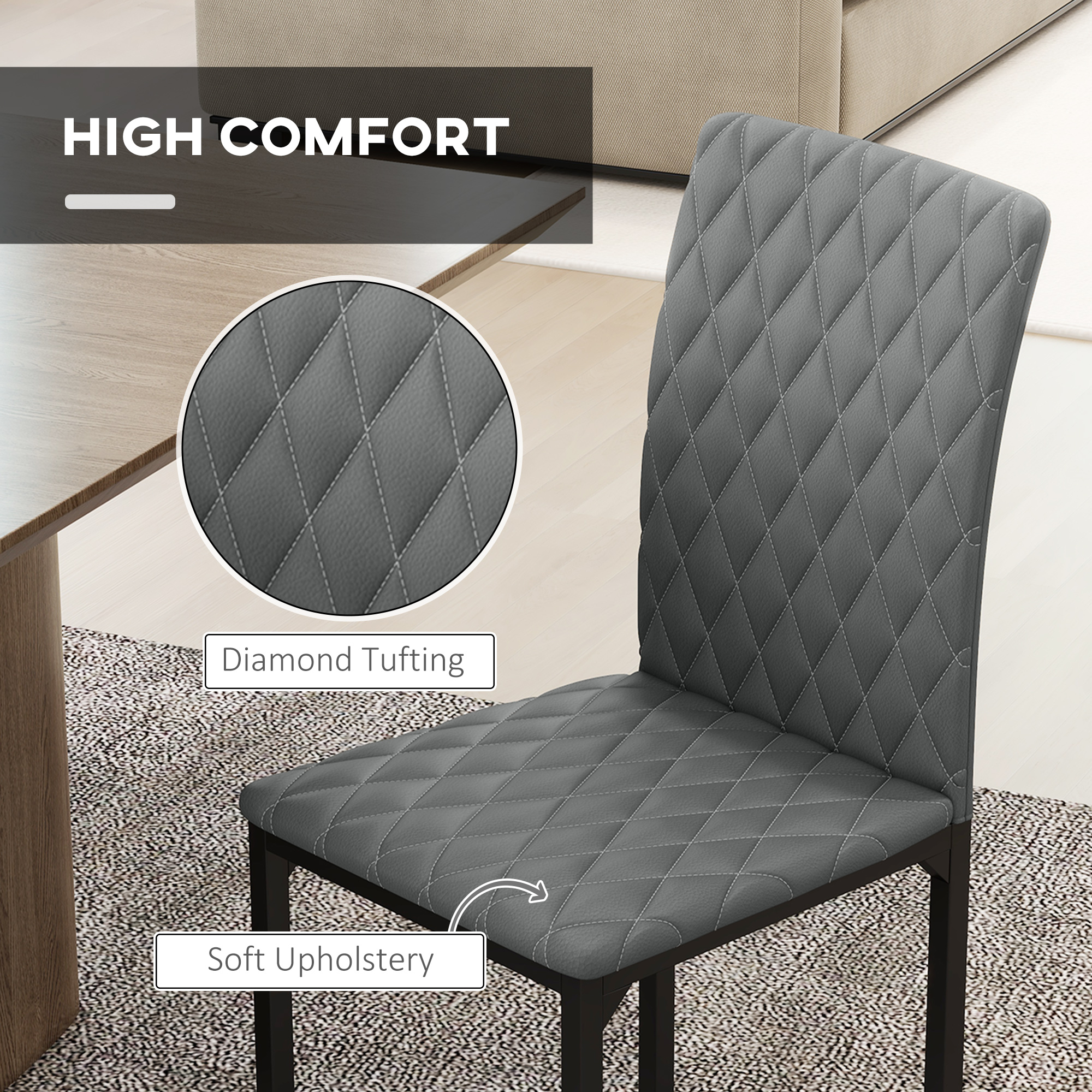 Set of 4 Modern Dining Chairs, Tufted High Back Side Chairs with Upholstered Seat, Steel Legs for Living Room, Kitchen - Image 3