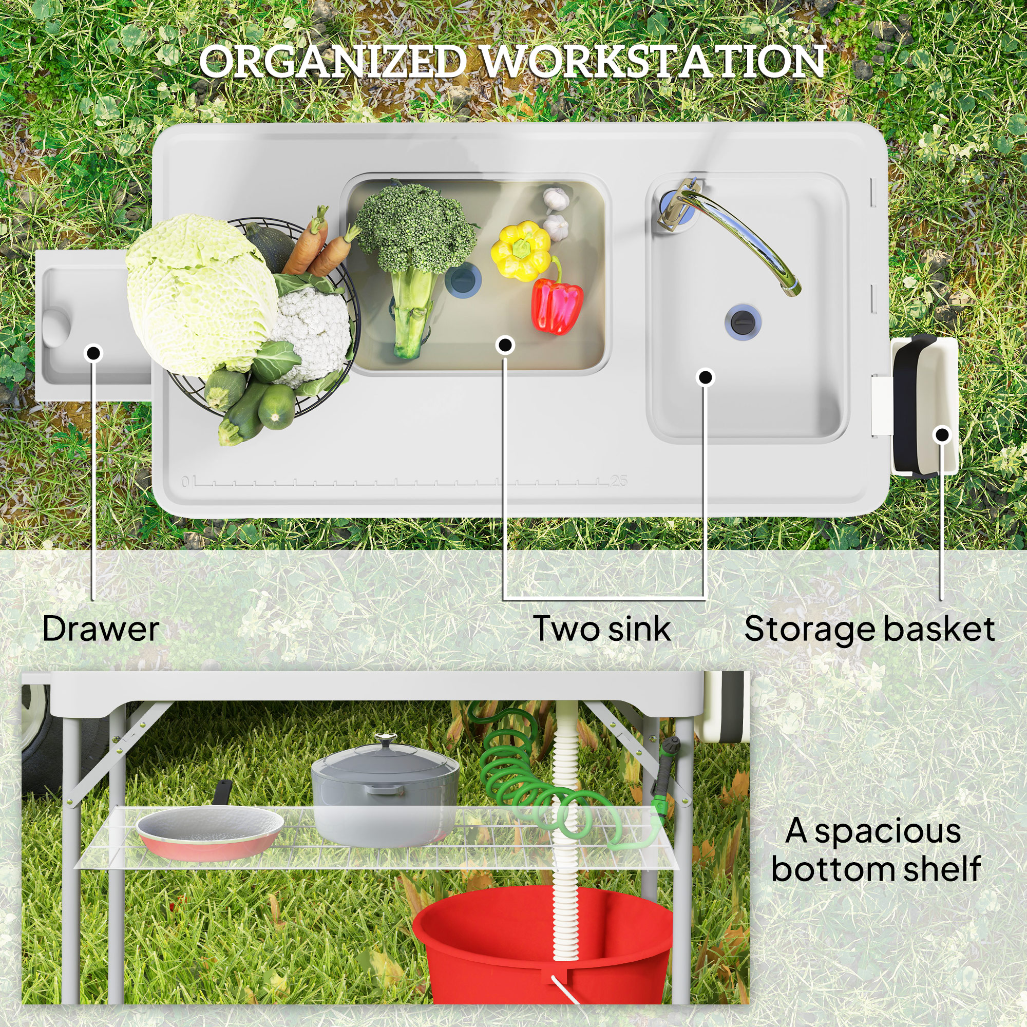 Folding Fish Cleaning Table with Sinks, Camping Sink with Faucet Drainage Hose Sprayer Shelf, Grey - Image 4