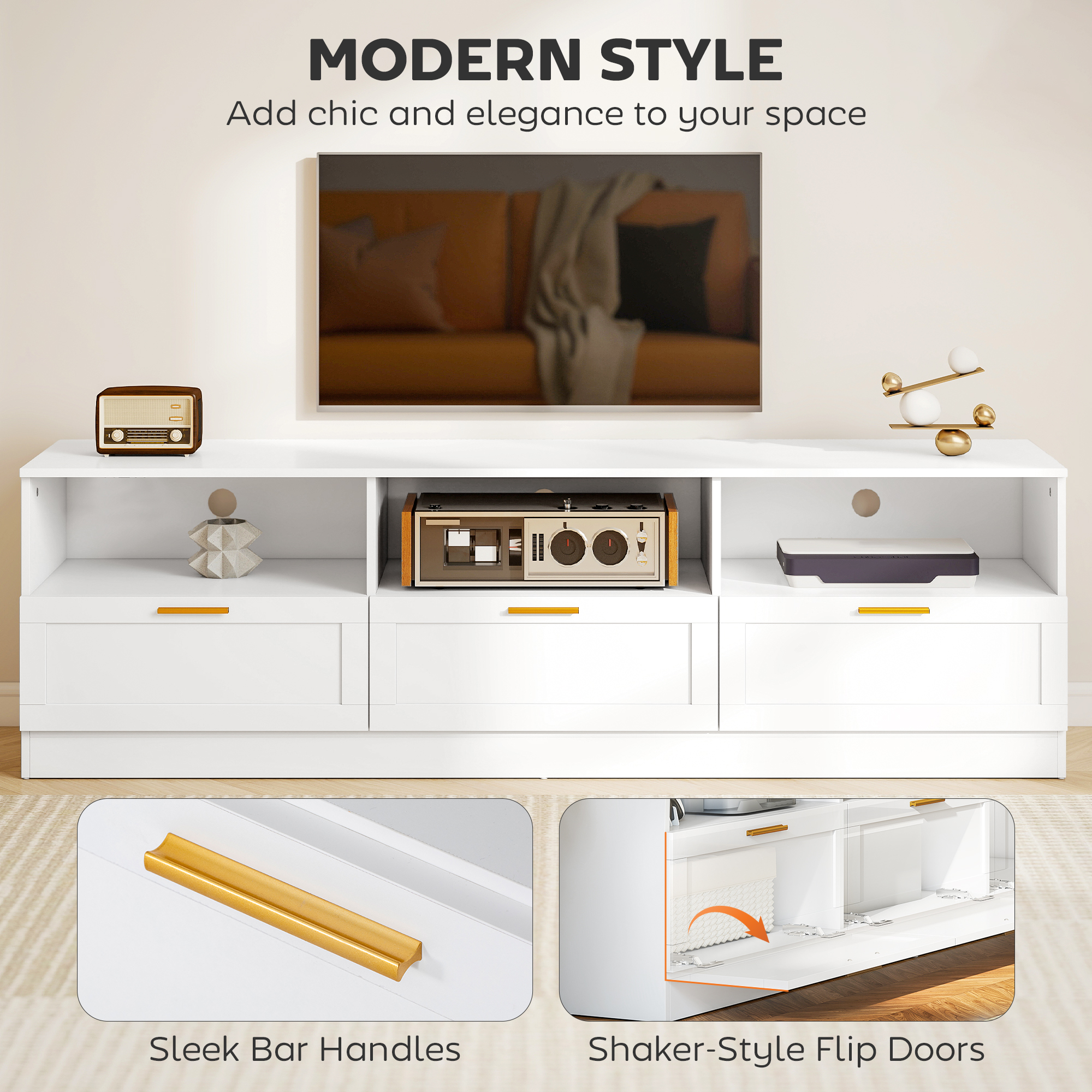 TV Stand with Storage, Modern Entertainment Center with 3 Cabinets and 3 Open Shelves, for TVs up to 85", White - Image 3