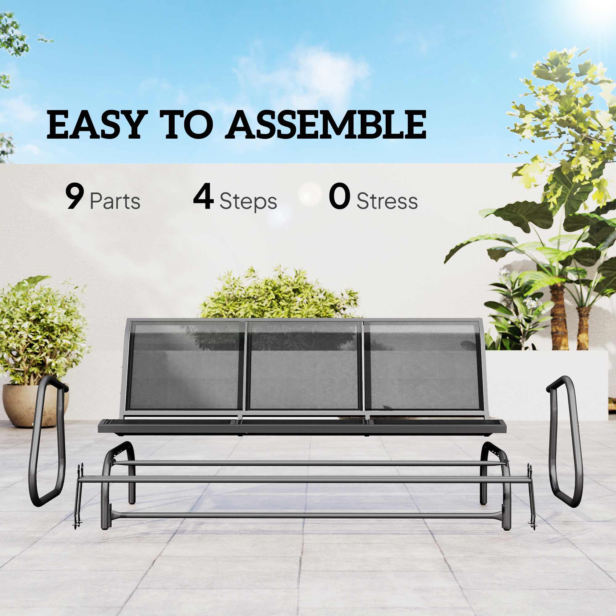 3-Seat Outdoor Glider Chair, Patio Rocking Chair, Steel Frame, Sling Fabric Seat for Garden, Backyard, Lawn, Grey - Image 3