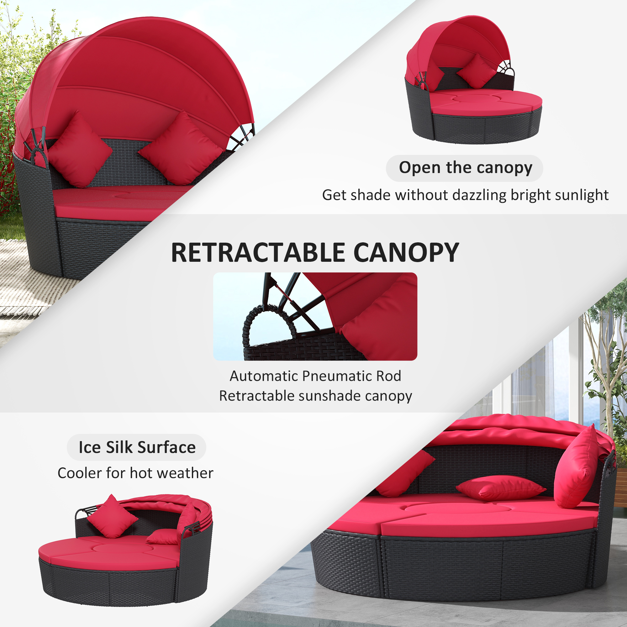 4-piece Round Sofa Bed, Outdoor Daybed with Retractable Canopy, PE Rattan Wicker Patio Lounge Chair - Image 3