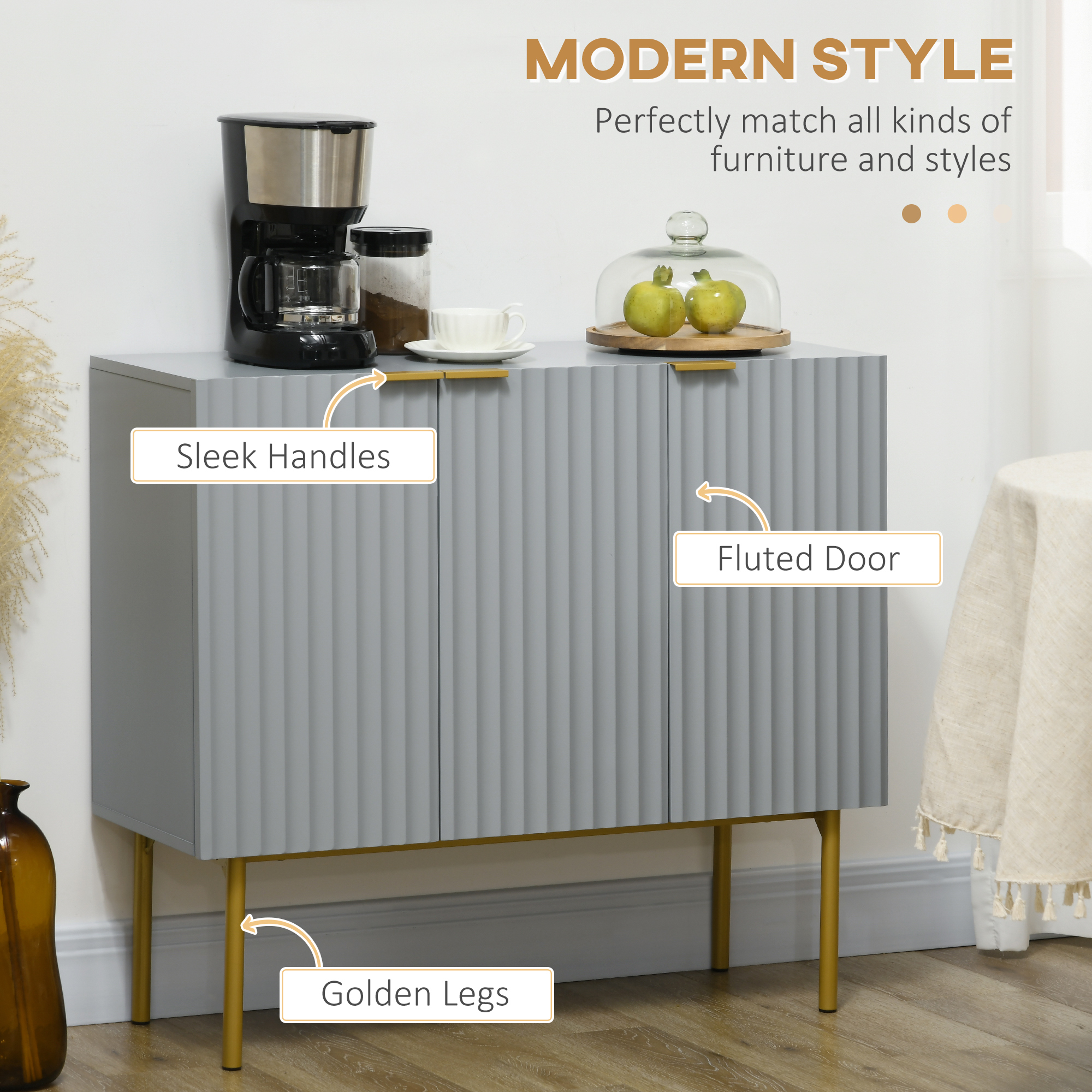 Modern Storage Cabinet Sideboard Buffet Cabinet with Gold Legs for Living Room Dining Room Hallway Grey - Image 2