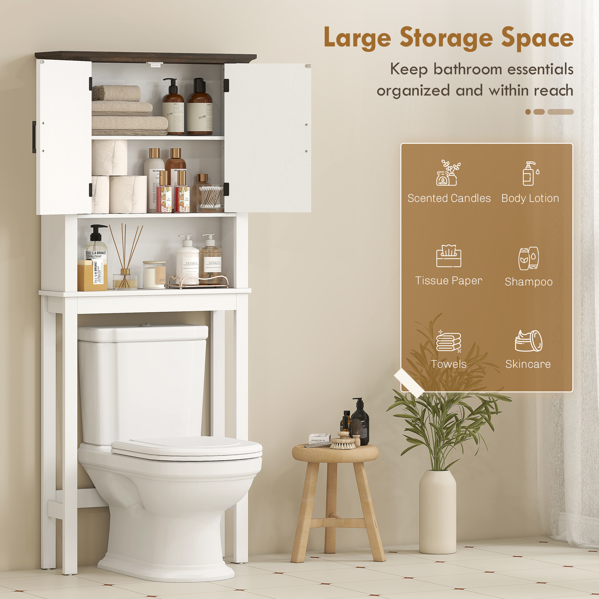 Over The Toilet Storage, Bathroom Cabinet Over Toilet with Open Shelf and Adjustable Bottom Bar, White - Image 2