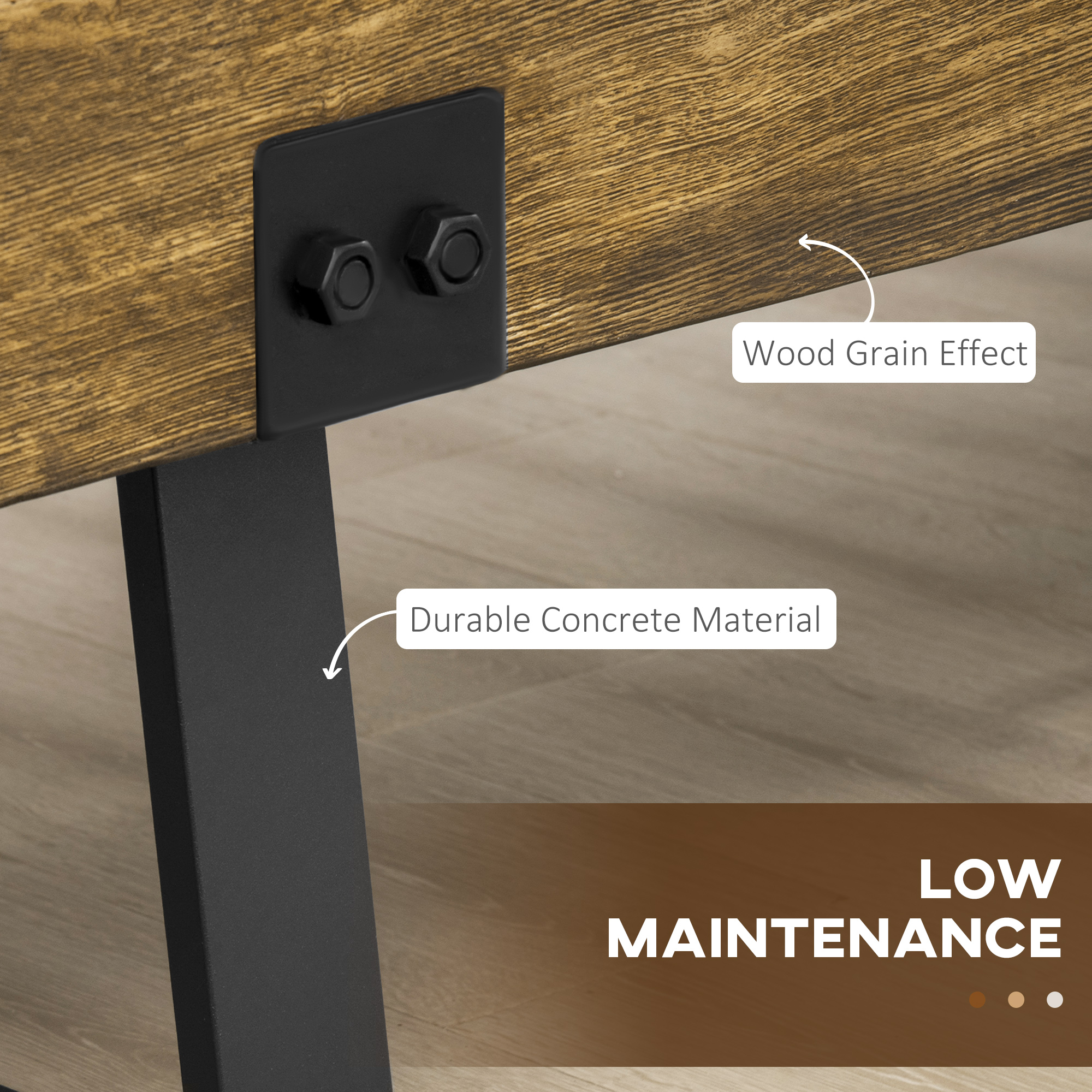 Outdoor Bench, Garden Bench with Metal Legs, Rustic Wood Effect Concrete, Indoor or Outdoor Use for Patio, Park, Porch and Lawn, Natural and Black - Image 3