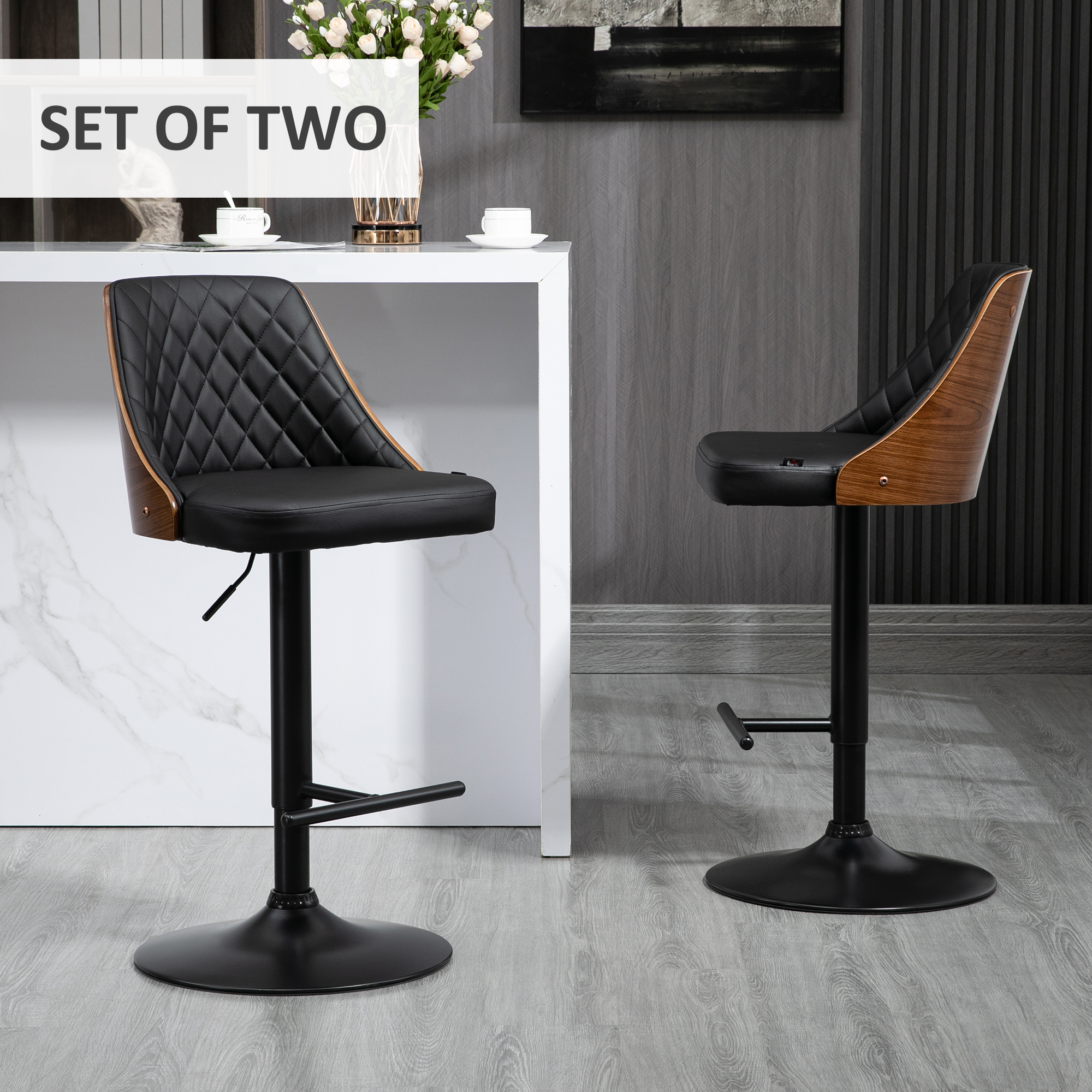 Modern Bar Stools PU Leather Set of 2 Swivel Bar Height Barstools Chairs with Adjustable Height, Round Heavy Metal Base and Footrest, Black - Image 2