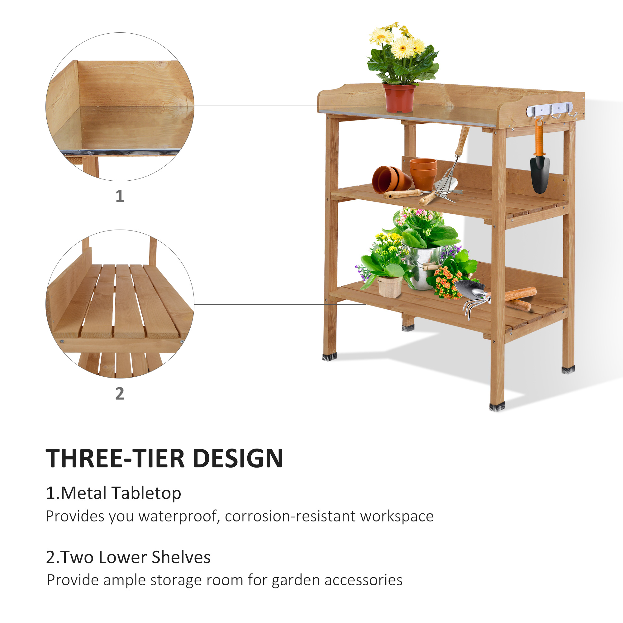 Outdoor Garden Wooden Potting Bench Work Station Table Tool Storage Shelf w/ Hooks, Natural - Image 2