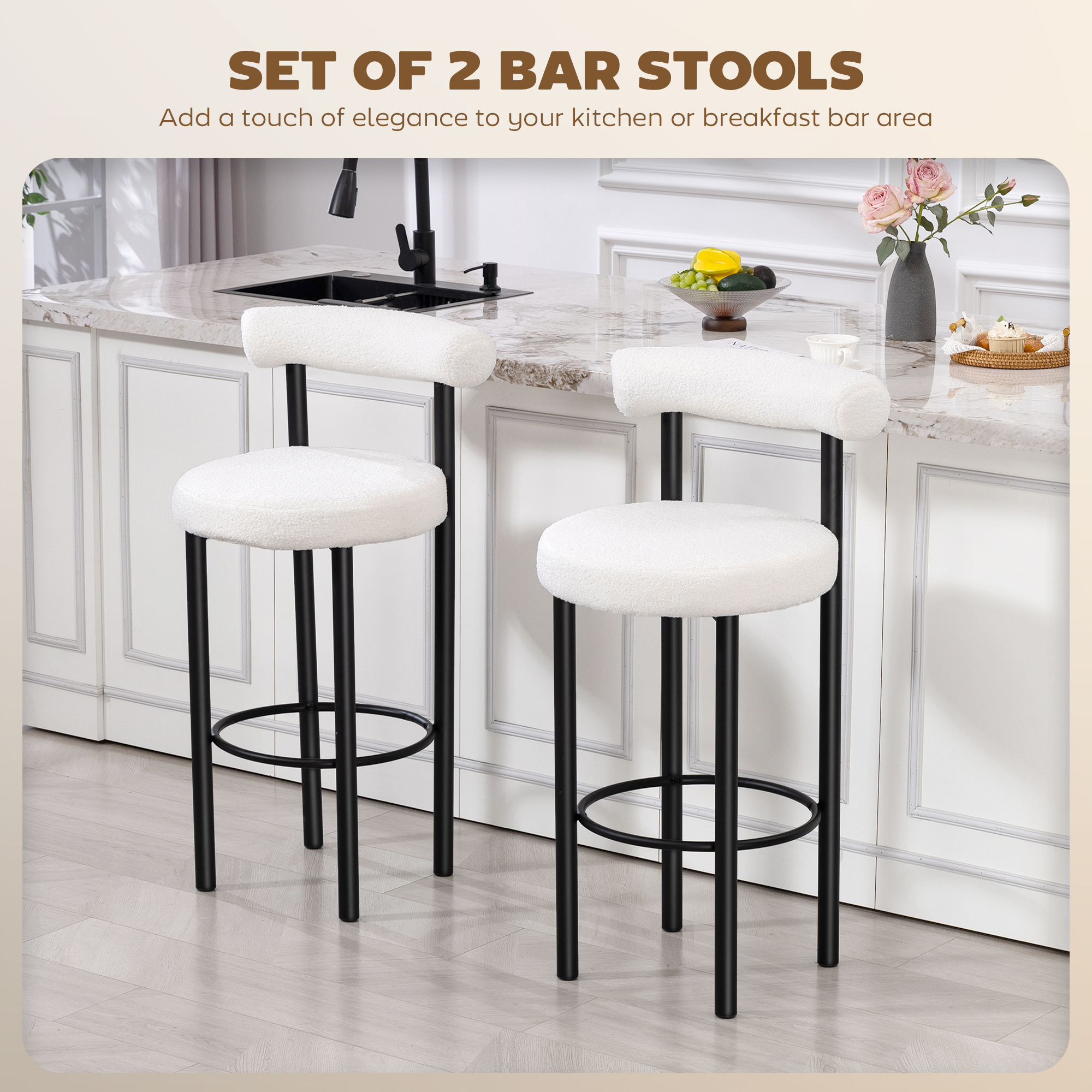 Bar Stools Set of 2, Sherpa Upholstered Barstools with Backrest, Bar Height Stools with Footrest for Kitchen Island - Image 2