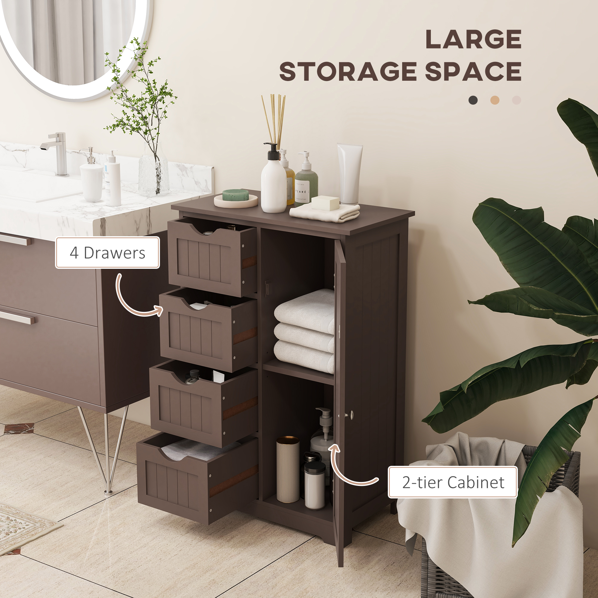 Bathroom Storage Cabinet, Floor Cabinet with Adjustable Shelf and 4 Drawers, Side Cabinet for Washroom, Brown - Image 2