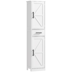 67" Tall Bathroom Cabinet, Narrow Bathroom Storage Cabinet with Drawer, Barn Doors and Adjustable Shelves, White
