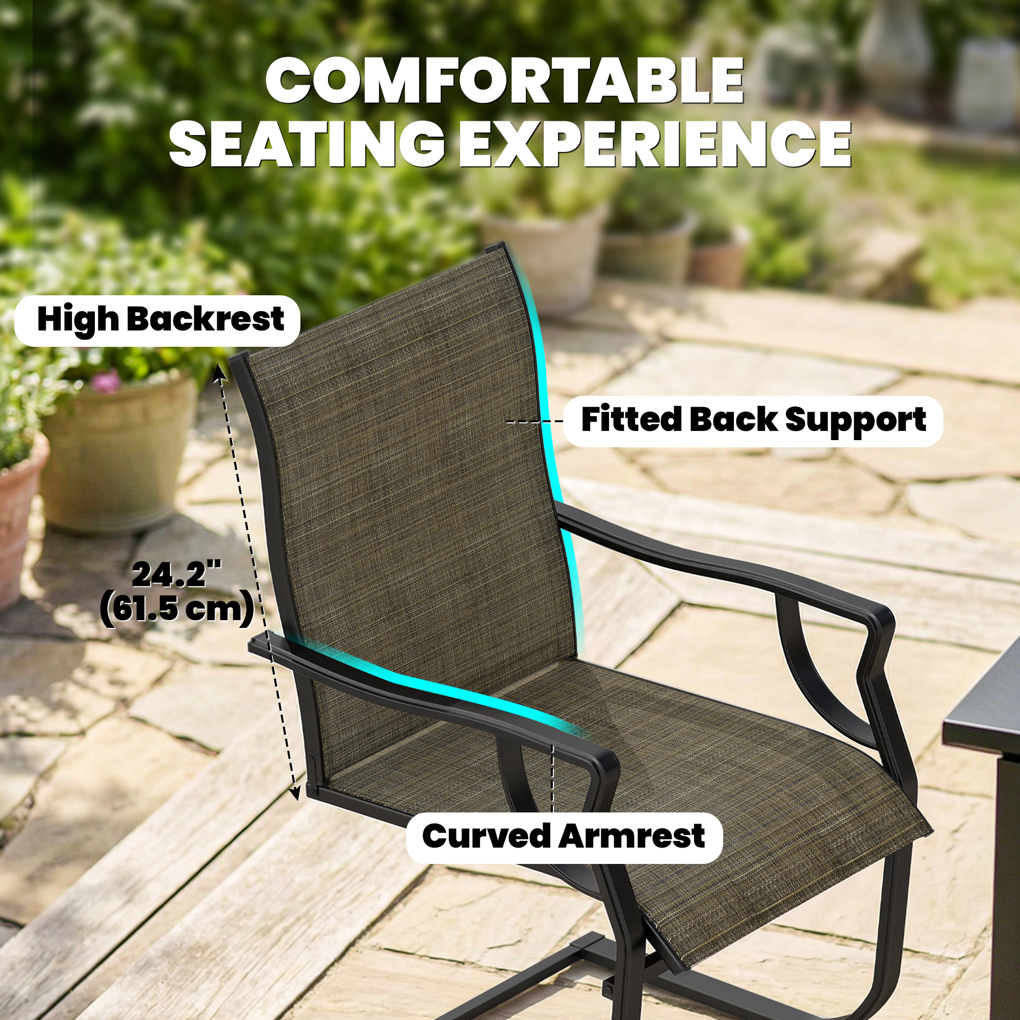C Spring Motion Patio Chairs Set of 2 with Curved High Backrest, Armrest, All Weather Breathable Fabric, Metal Frame - Image 3