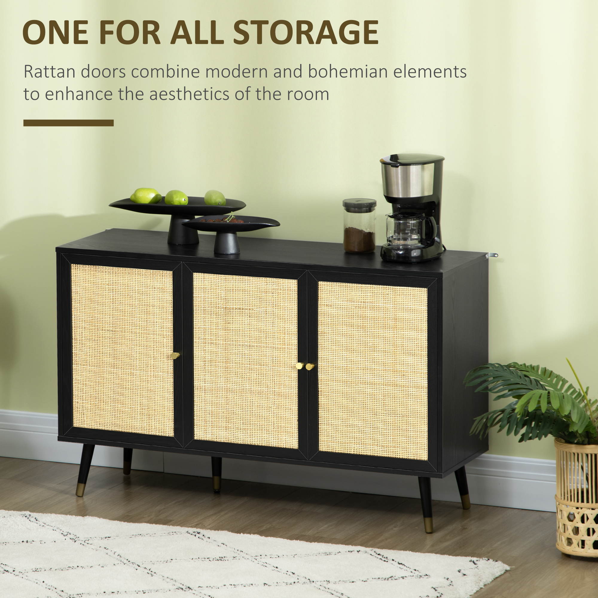 Kitchen Sideboard Cabinet, Boho Storage Cabinet with Shelves, Wood Legs, Decorative Rattan Doors, Black - Image 2