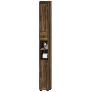 Narrow Bathroom Cabinet, Tall Bathroom Storage Cabinet with Barn Doors, Drawer and Adjustable Shelves, Brown Wood Grain