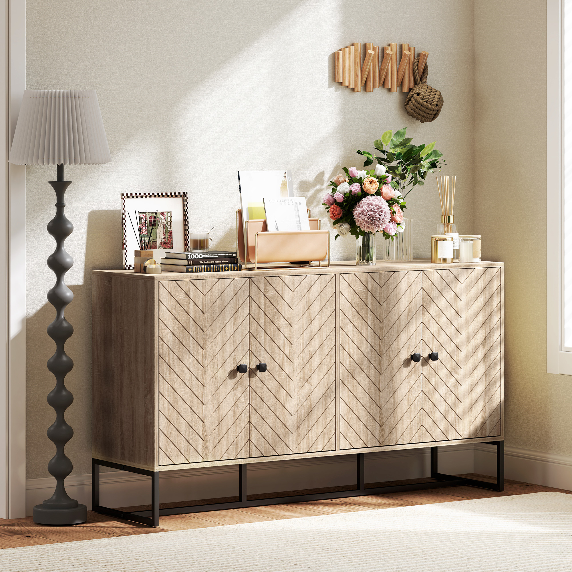 Sideboard Buffet Cabinet with 2 Adjustable Shelves and Steel Base, TV Stand, Coffee Bar Cabinet for Living Room, Oak - Image 6